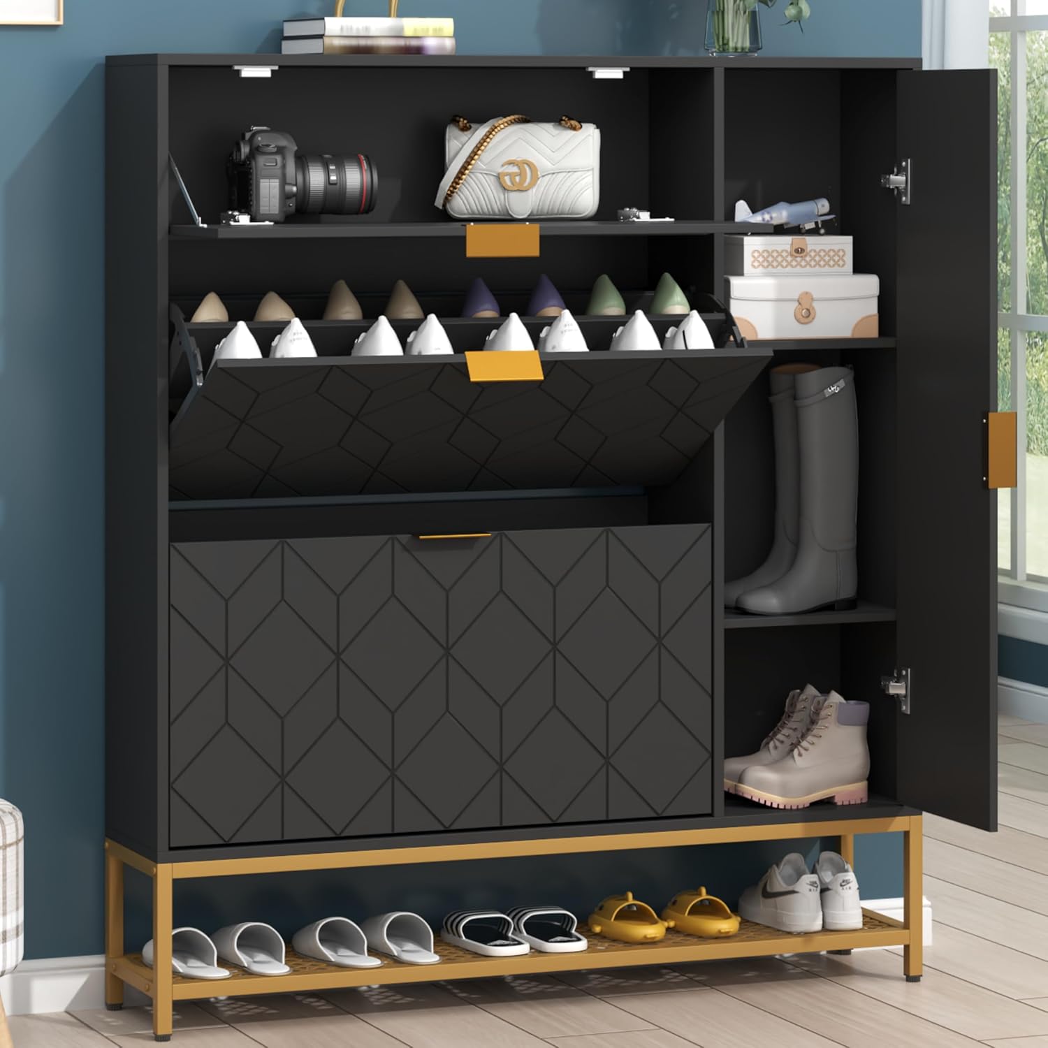 Loomie Shoe Cabinet,Freestanding Tipping Bucket Shoe Rack Organizer with 2 Flip Drawers,Entryway Narrow Shoe Storage with Adjustable Storage Shelf &Top Cubby,Modern Slim Hidden Shoe Cabinet, Black