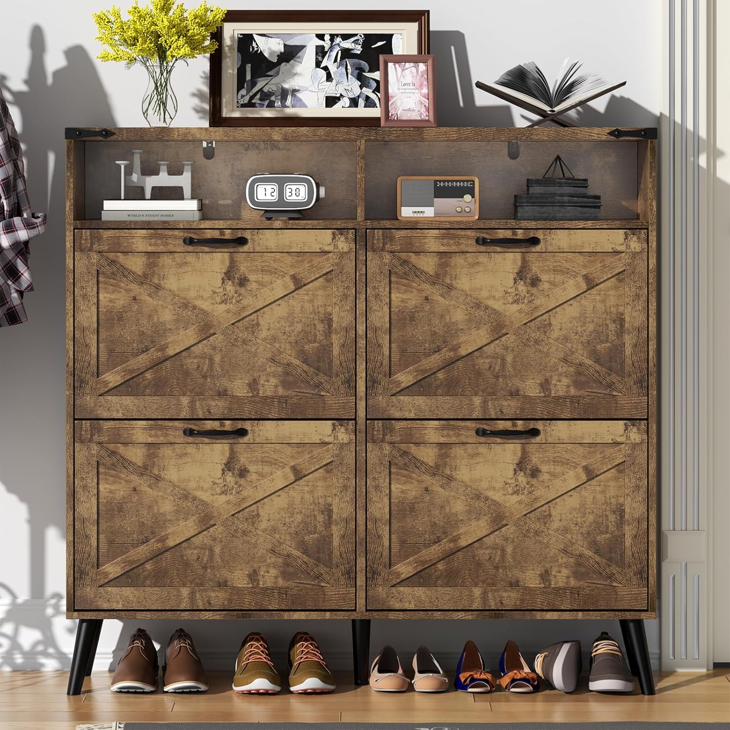 Loomie Shoe Cabinet with 4 Flip Drawers, Farmhouse Shoe Storage Cabinet with 2 Open Cubbies, Freestanding Narrow Hidden Shoe Rack Organizer with Solid Wood Legs for Entryway, Hallway (Rustic Brown)