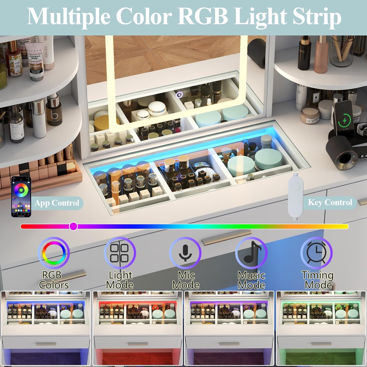 Loomie Vanity Desk with Lighted Mirror & Power Outlet, Makeup Vanity Table with 3 Drawers, 6 Shelves & 2 Cabinets, Tempered Glass Tabletop Dressing Table with LED lights for Bedroom, White (3 Drawers)