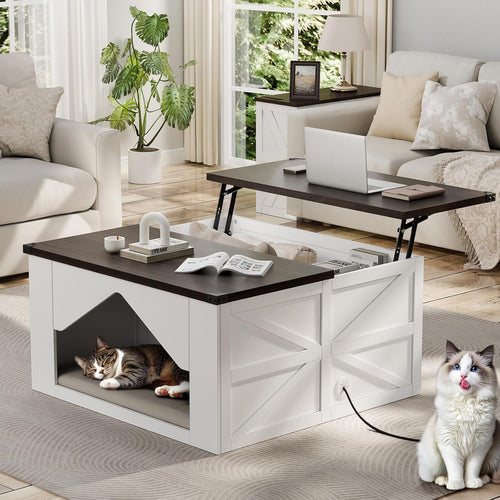 36" Farmhouse Lift Top Coffee Table with Big Cat House, White Wood Square Coffee Table with Storage, Modern Center Table Cat Furniture Condo with Large Hidden Compartment and 2 Drawers for Living Room