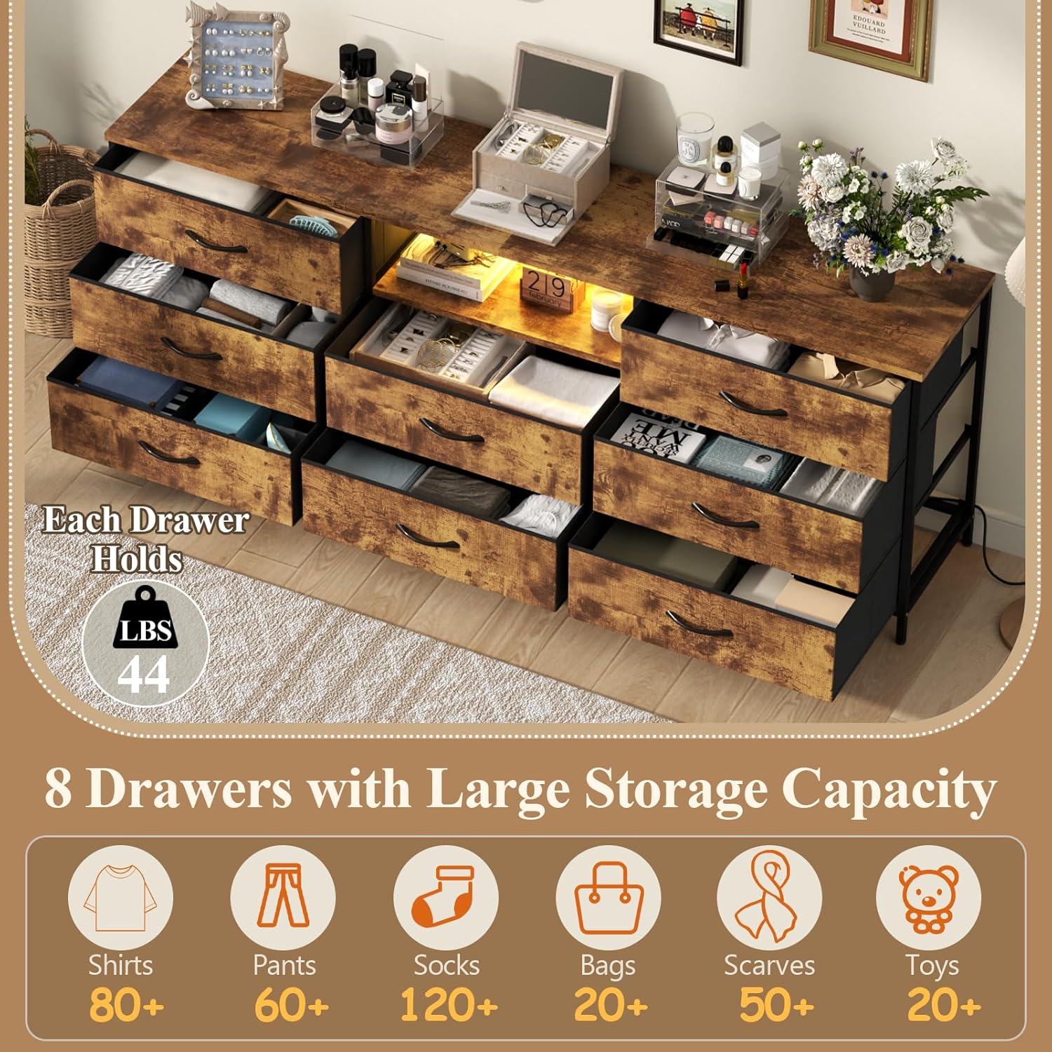 Loomie 63 Inch Dresser for Bedroom, Wide Long Fabric Dresser with LED Lights & 8 Drawers, Large TV Stand for 55, 65, 70 Inch TV, Entertainment Center with Storage (Rustic Brown)