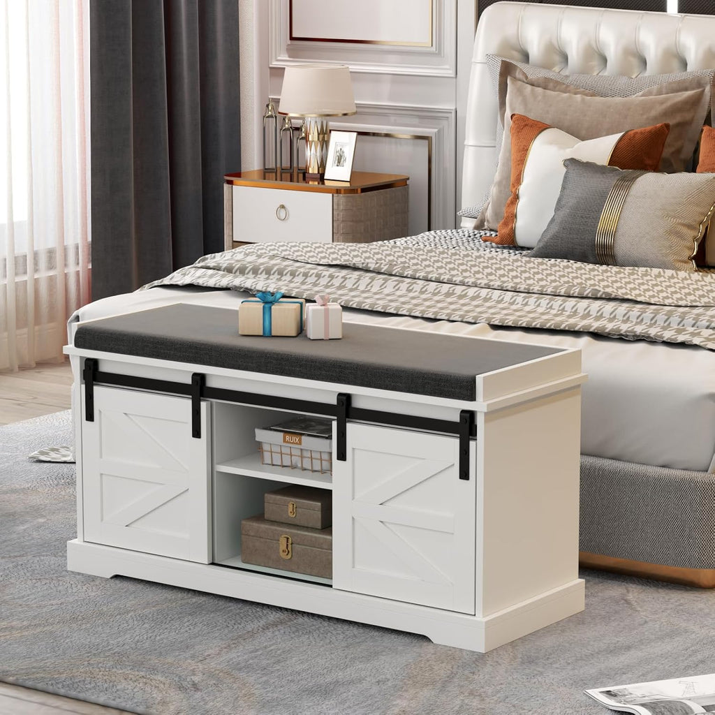 Loomie Shoe Storage Bench, 2-Tier Farmhouse Entryway Bench with Sliding Barn Door Storage Cabinets & Full Soft Removable Seat Cushion, Silm Shoe Rack with Shoe Cabinet for Entryway, Hallway, Bedroom