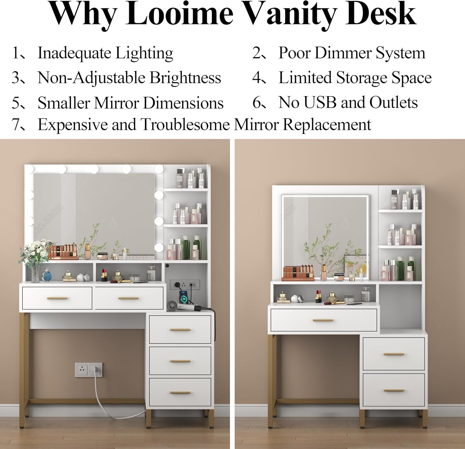 Loomie Vanity Desk with Lighted Mirror & Power Outlet, Makeup Table with 5 Drawers, Two Cubby & Shelf, Vanity Dresser with 11 Lights in 3 Lighting Colors for Bathroom, Bedroom,Makeup Room,White
