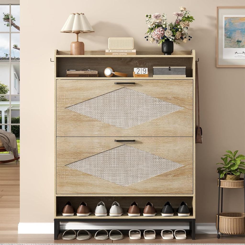Loomie Rattan Shoe Cabinet, Shoe Storage Cabinet with 2 Flip Drawers, Hidden Shoe Storage with Top & Bottom Cubbies, 47.8" Tall Shoe Organizer Cabinet for Entryway, Hallway, Living Room (Natural)
