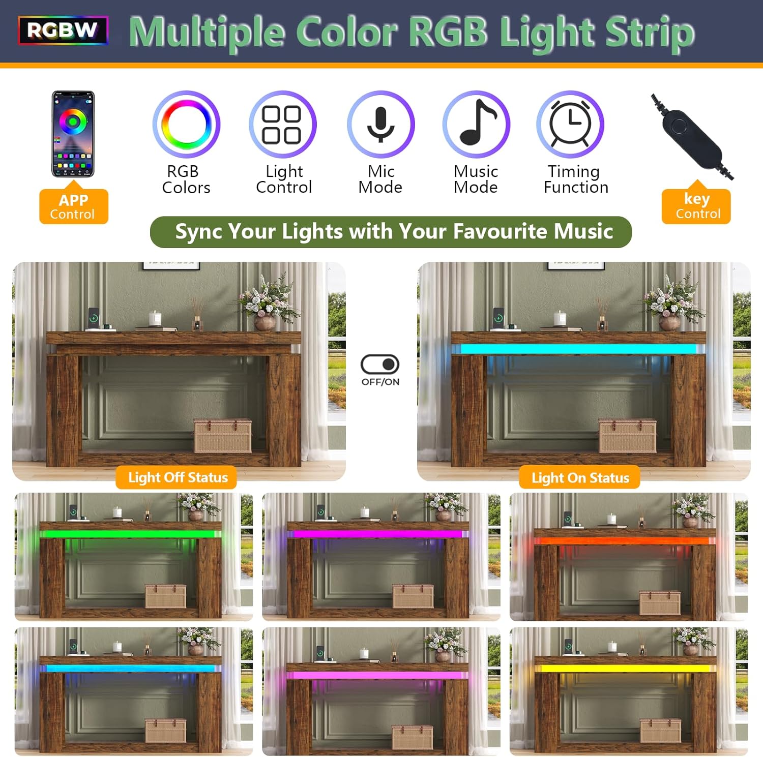 Loomie 63" Long Console Table with LED Lights & Power Outlet, 2-Tier Farmhouse Sofa Table Behind Couch with Storage, Narrow Entryway Tables with Heavy Duty Base for Living Room, Hallway (Brown)