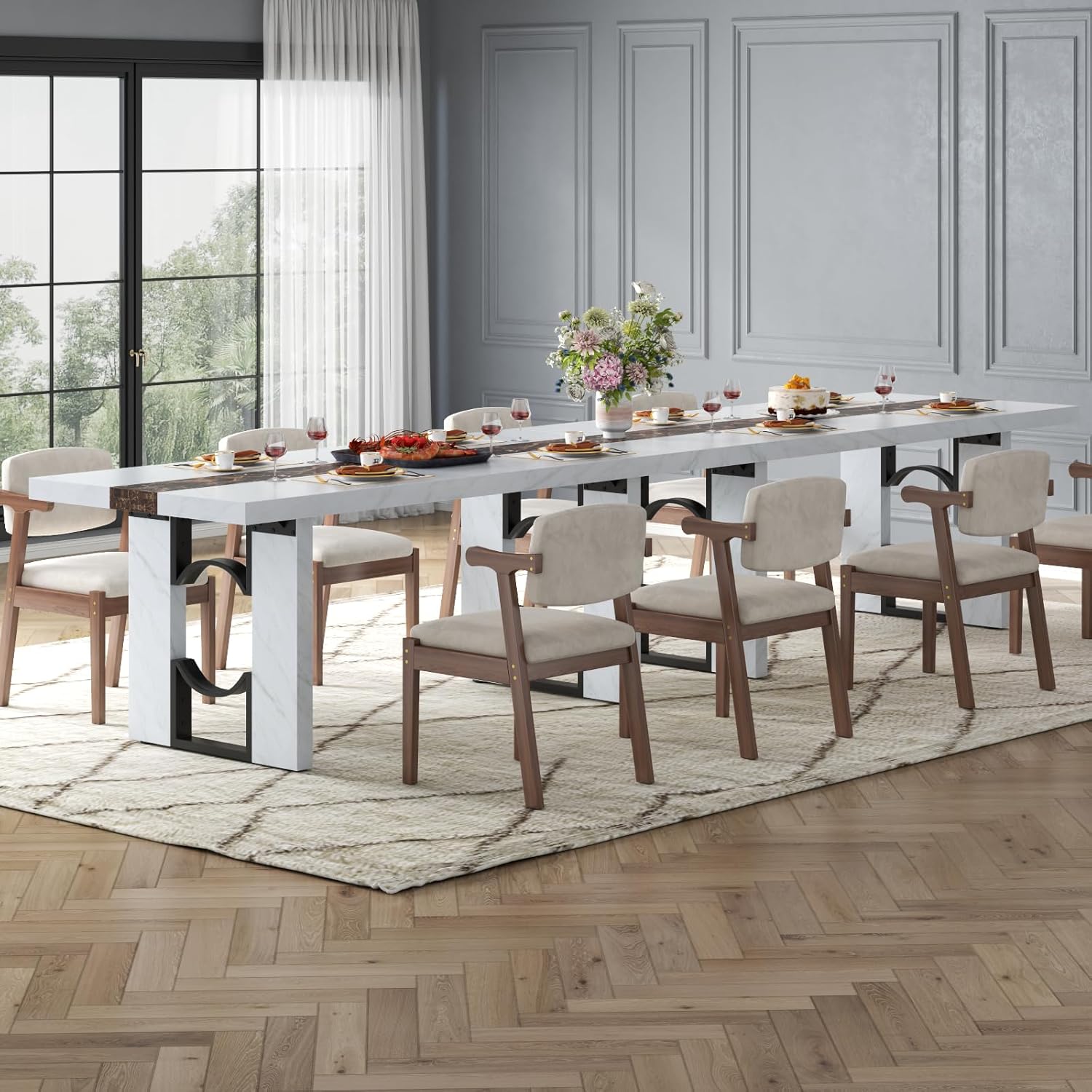 Loomie 71 Inch Dining Table for 6-8 People, Large Rectangular Kitchen Table with Marble-Color Tabletop, 6ft Luxurious Dining Room Table for Living Room, Home Office (White Marble)