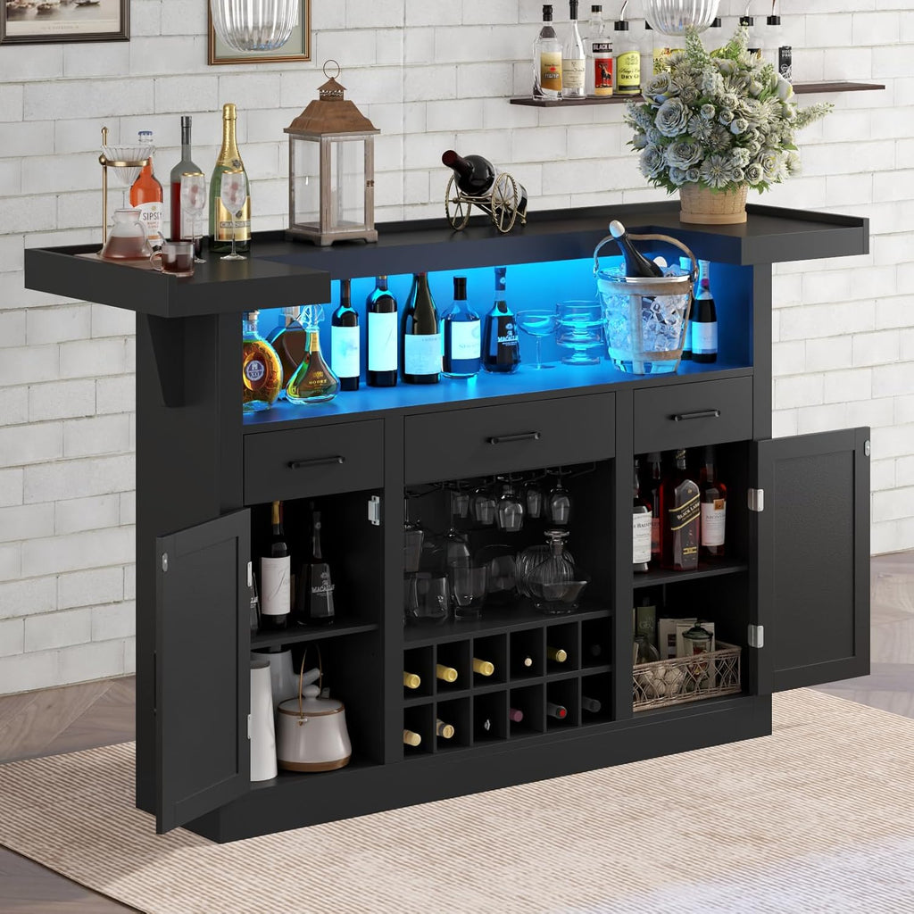 Loomie Bar Table Cabinet with LED & 3 Drawers,Liquor Bar with Adjustable Storage Shelves & Stemware Holders, Crescent Shaped Counter for Home Pub, Wine Alcohol Bar Stand with Door & Wine Rack (Black)