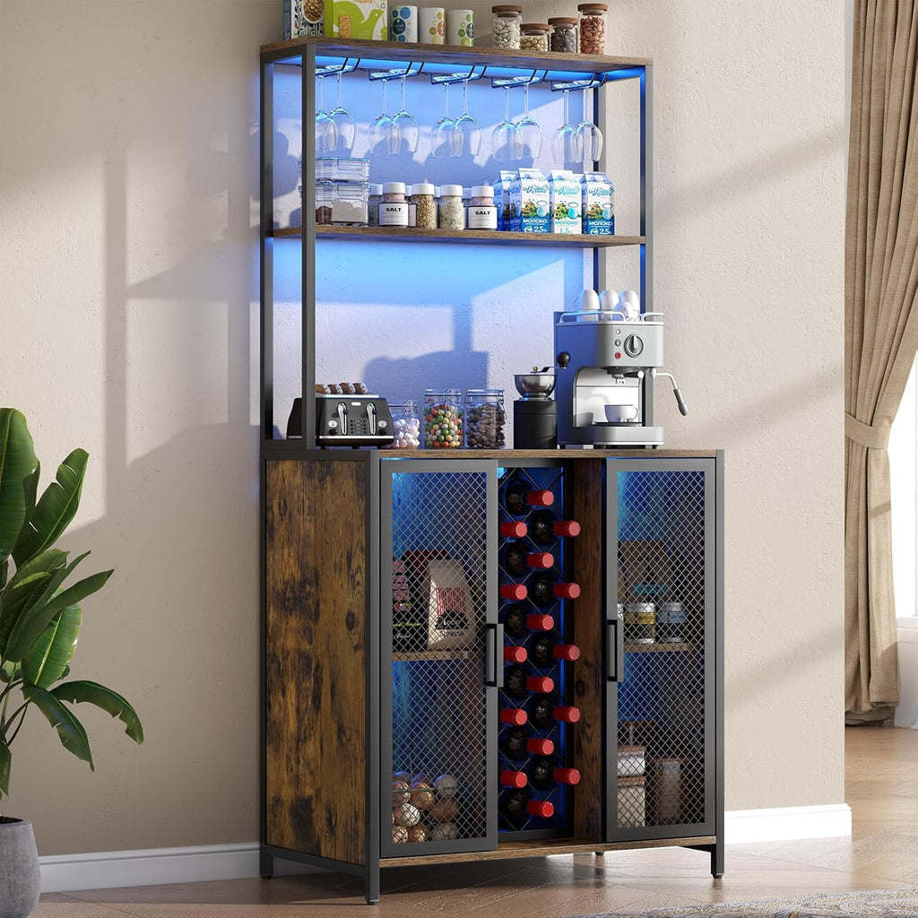 Loomie Wine Bar Cabinet with LED Lights, 5-Tier Industrial Coffee Bar, Buffet Sideboard with Adjustable Shelves, Kitchen Bar Table with Wine Rack Storage and Glass Slots for Liquor and Glasses,Rustic