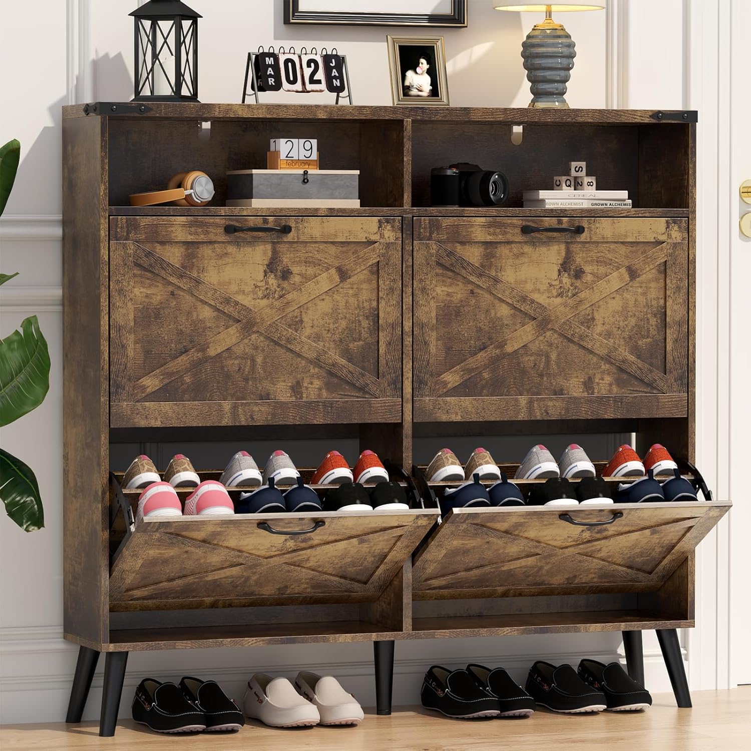 Loomie Shoe Cabinet with 4 Flip Drawers, Farmhouse Shoe Storage Cabinet with 2 Open Cubbies, Freestanding Narrow Hidden Shoe Rack Organizer with Solid Wood Legs for Entryway, Hallway (Rustic Brown)