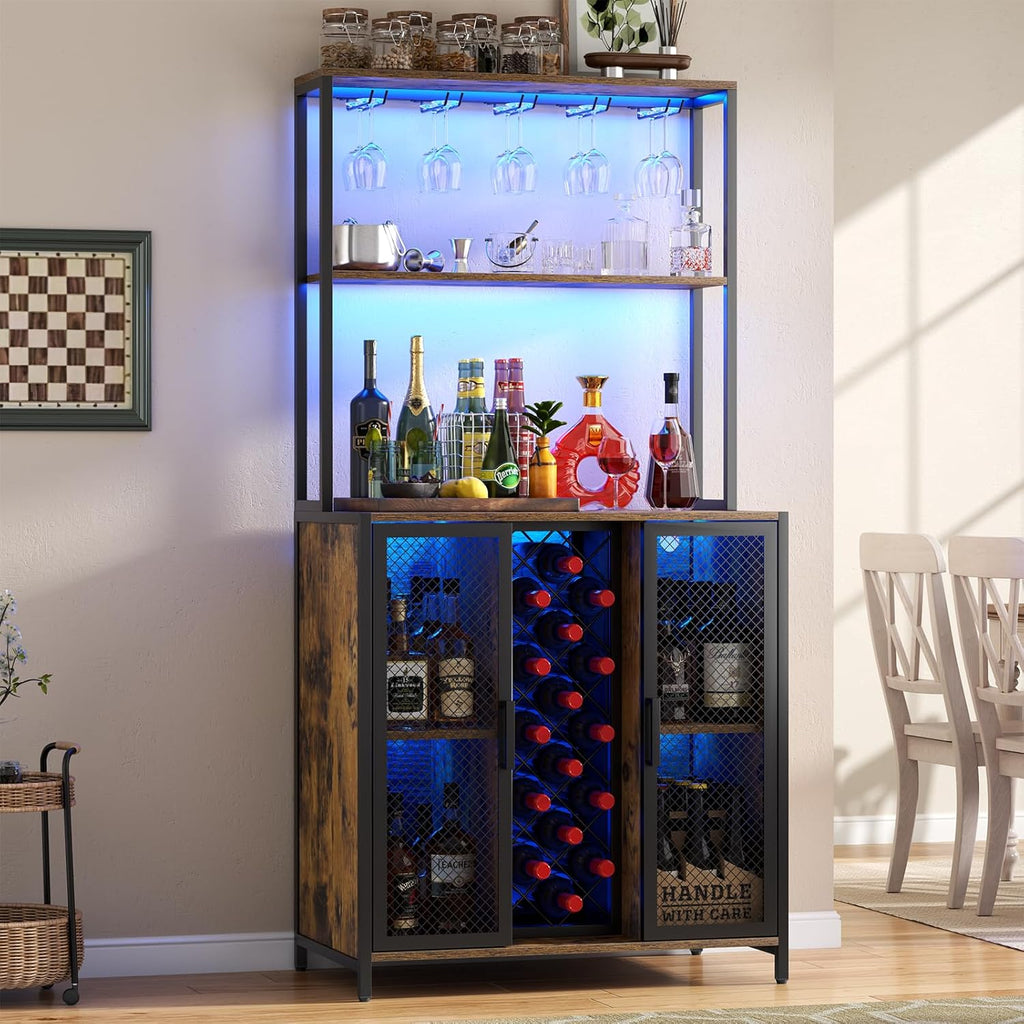 Loomie Wine Bar Cabinet with LED Lights, 5-Tier Industrial Coffee Bar, Buffet Sideboard with Adjustable Shelves, Kitchen Bar Table with Wine Rack Storage and Glass Slots for Liquor and Glasses,Rustic