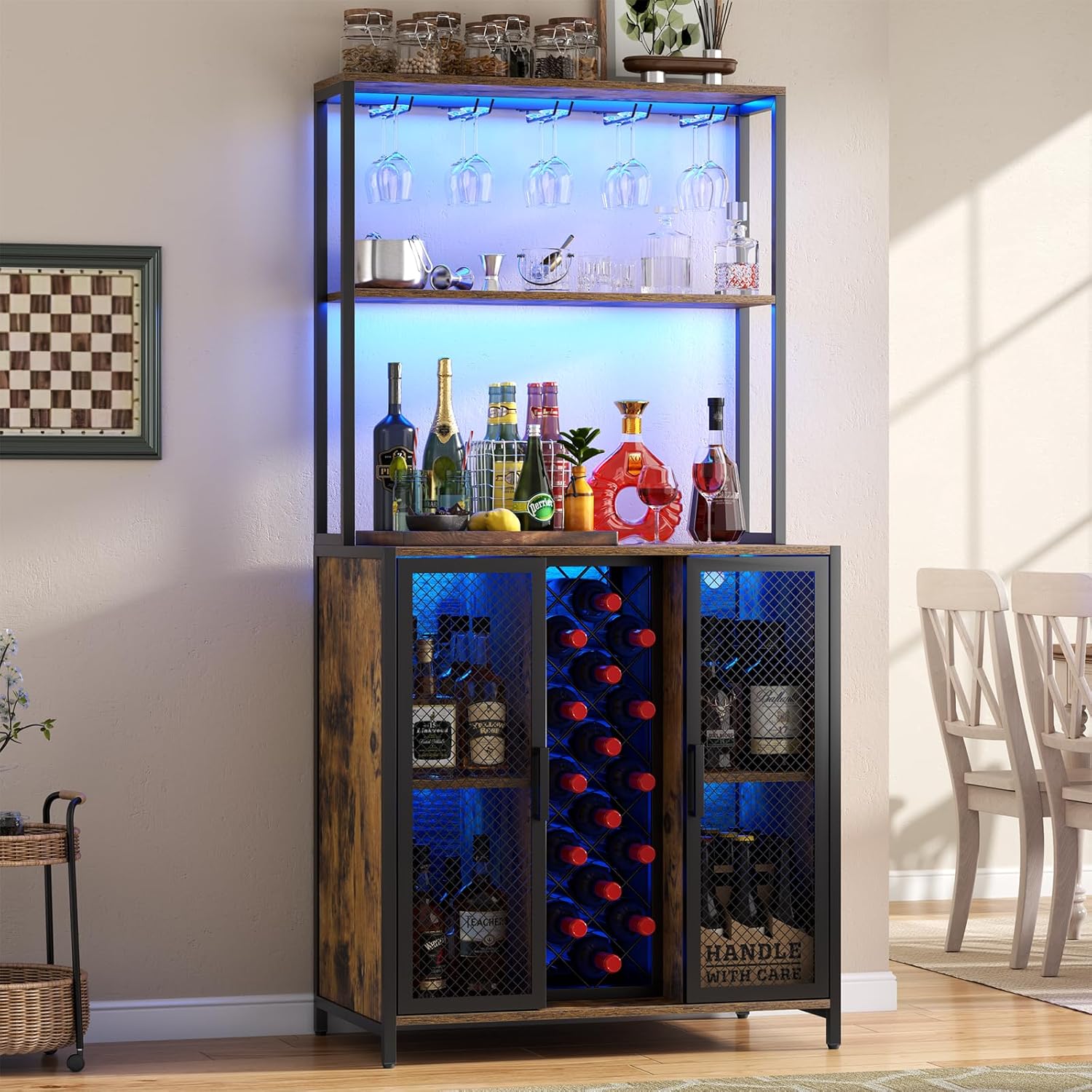 Loomie Wine Bar Cabinet with LED Lights, 5-Tier Industrial Coffee Bar, Buffet Sideboard with Adjustable Shelves, Kitchen Bar Table with Wine Rack Storage and Glass Slots for Liquor and Glasses,Rustic