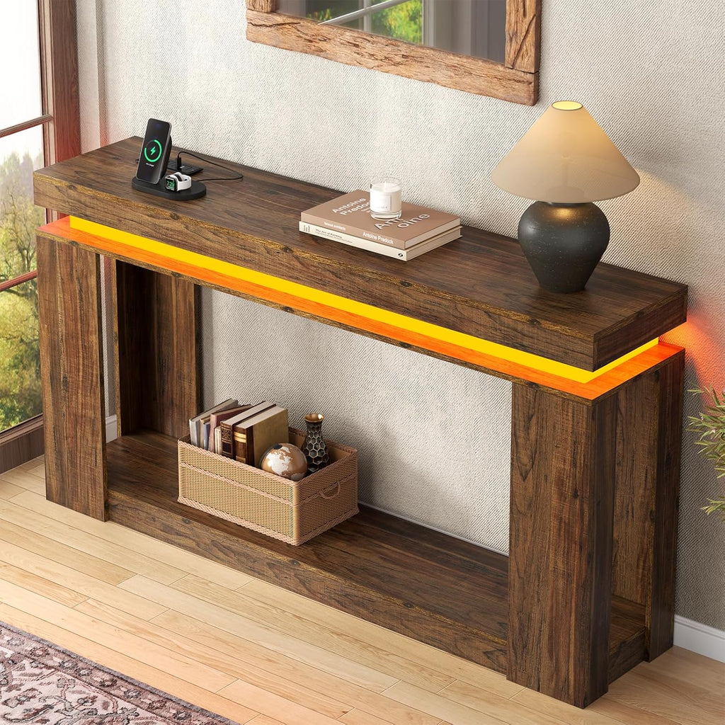 Loomie 63" Long Console Table with LED Lights & Power Outlet, 2-Tier Farmhouse Sofa Table Behind Couch with Storage, Narrow Entryway Tables with Heavy Duty Base for Living Room, Hallway (Brown)