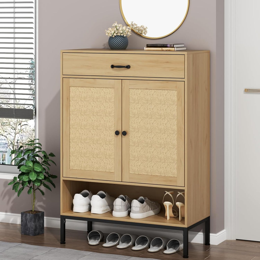 Loomie Rattan 5-Tier Shoe Storage Cabinet with Doors, Drawer & Cubby, 44.3" Boho Shoe Organizer for Entryway Hallway Closet (Natural)