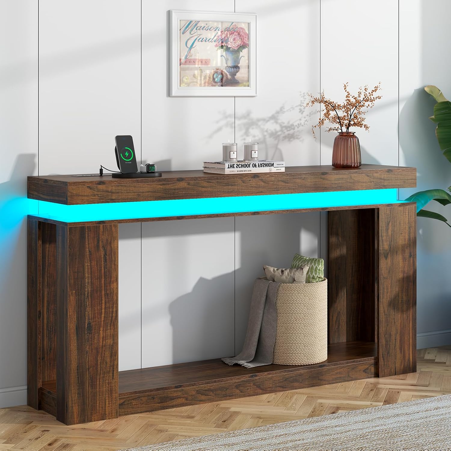 Loomie 63" Long Console Table with LED Lights & Power Outlet, 2-Tier Farmhouse Sofa Table Behind Couch with Storage, Narrow Entryway Tables with Heavy Duty Base for Living Room, Hallway (Brown)