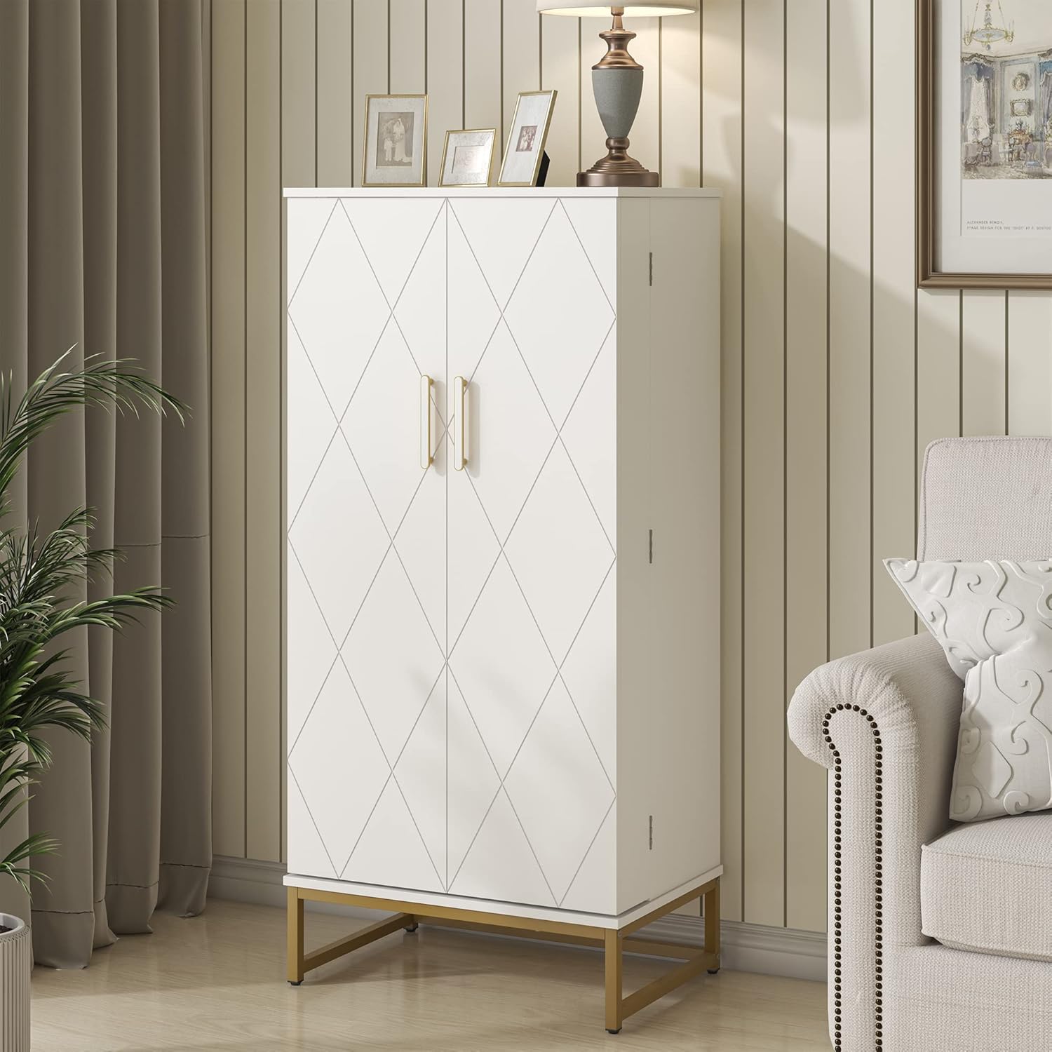 Jehiatek 51” Kitchen Pantry Storage Cabinet with Doors and Adjustable Shelves, Freestanding Pantry Cabinets, Buffet Cupboards Storage Cabinet for Home Office Use, White + Gold