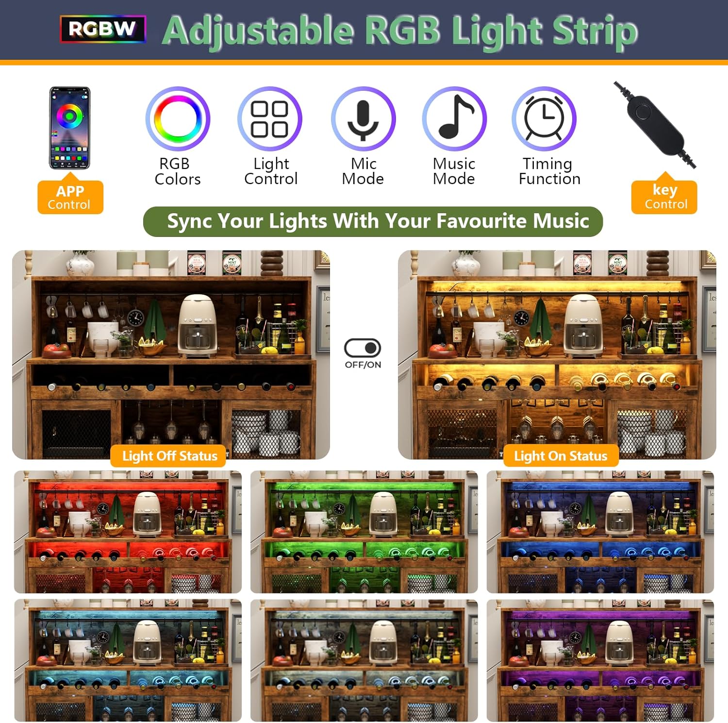 Loomie Wine Bar Cabinet with LED Light, Liquor Cabinet with Glass Holder, Coffee Bar for Liquor, Storage Buffet with Wine Racks, Wine Cabinet with Mesh Door (Rustic)