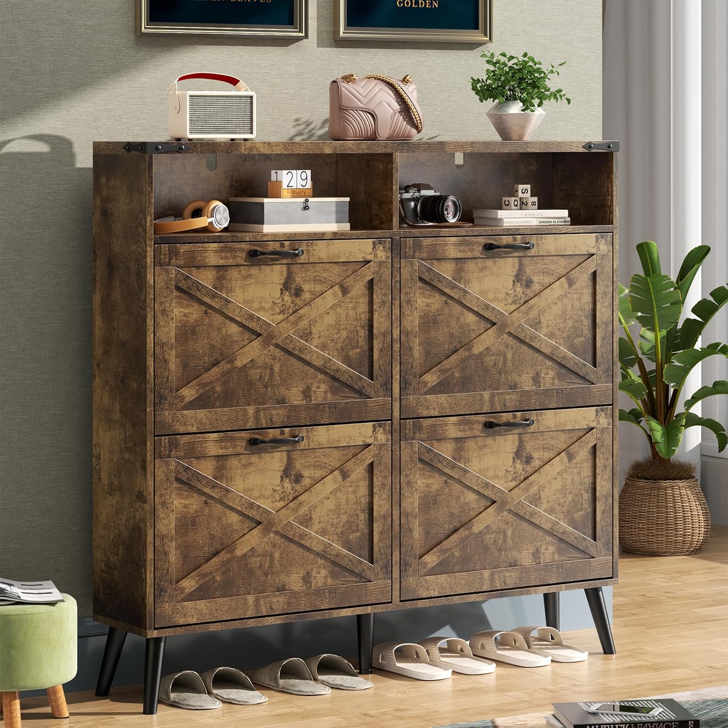 Loomie Shoe Cabinet with 4 Flip Drawers, Farmhouse Shoe Storage Cabinet with 2 Open Cubbies, Freestanding Narrow Hidden Shoe Rack Organizer with Solid Wood Legs for Entryway, Hallway (Rustic Brown)