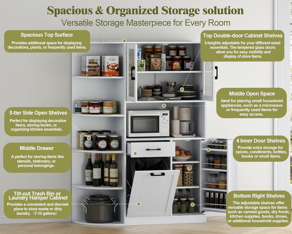 Loomie Kitchen Pantry Cabinet w/Tilt-Out Trash Storage & 5-Tier Side Shelves, Freestanding Huntch w/Microwave Stand, Glass Door & Adjustable Shelves,Cupboard w/Drawer for Dining Room, White