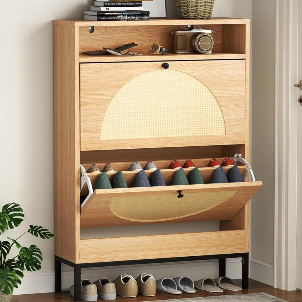 Loomie Rattan Shoe Cabinet, Free Standing Tipping Bucket Shoe Rack Organizer with 2 Flip Drawers,Modern Entryway Narrow Shoe Storage with Top Cubby, Boho Slim Hidden Cabinet with Doors (Natural)