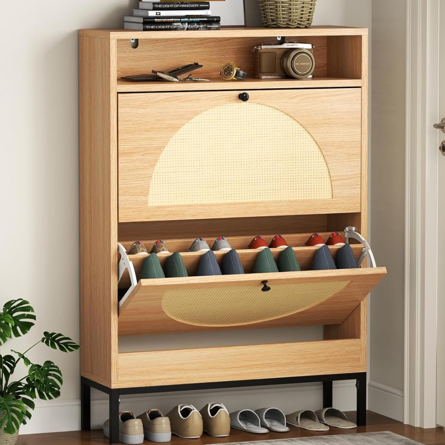 Loomie Rattan Shoe Cabinet, Free Standing Tipping Bucket Shoe Rack Organizer with 2 Flip Drawers,Modern Entryway Narrow Shoe Storage with Top Cubby, Boho Slim Hidden Cabinet with Doors (Natural)