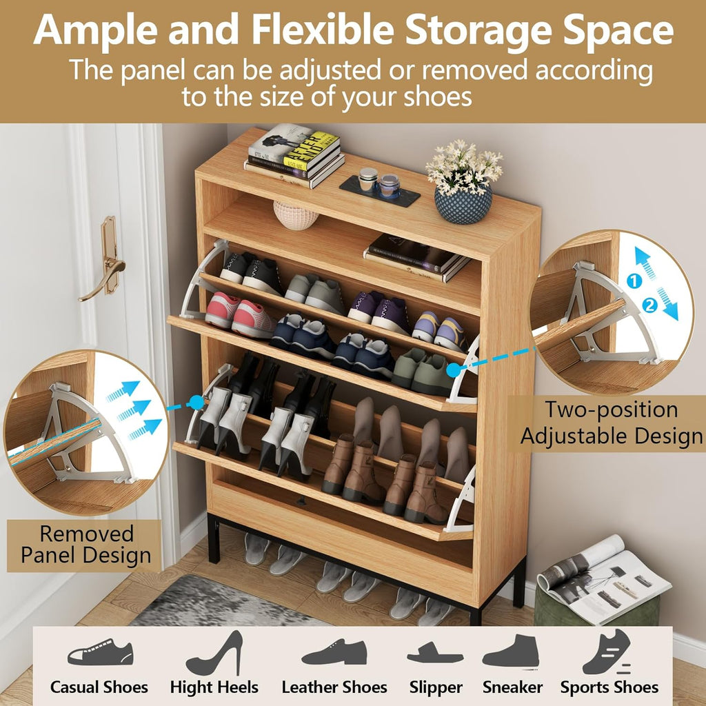 Loomie Rattan Shoe Cabinet, Free Standing Tipping Bucket Shoe Rack Organizer with 2 Flip Drawers,Modern Entryway Narrow Shoe Storage with Top Cubby, Boho Slim Hidden Cabinet with Doors (Natural)