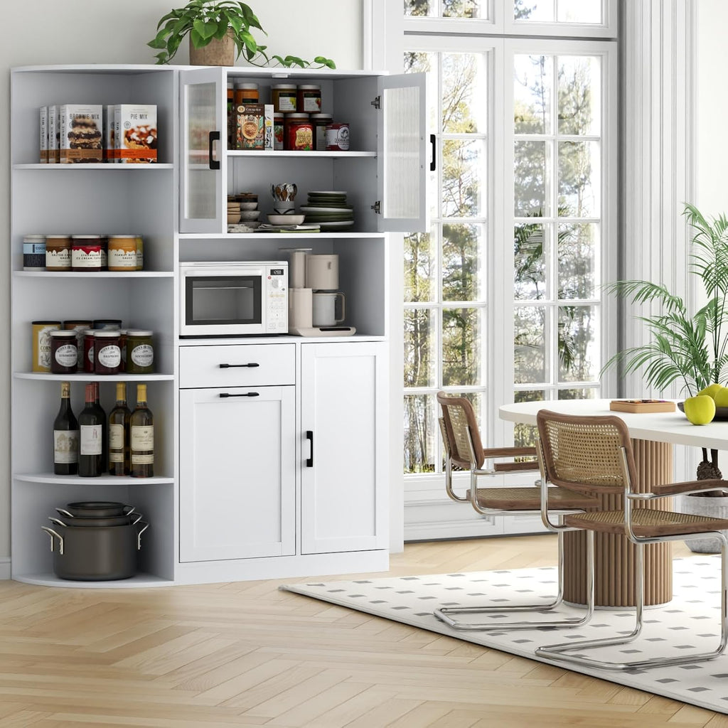 Loomie Kitchen Pantry Cabinet w/Tilt-Out Trash Storage & 5-Tier Side Shelves, Freestanding Huntch w/Microwave Stand, Glass Door & Adjustable Shelves,Cupboard w/Drawer for Dining Room, White