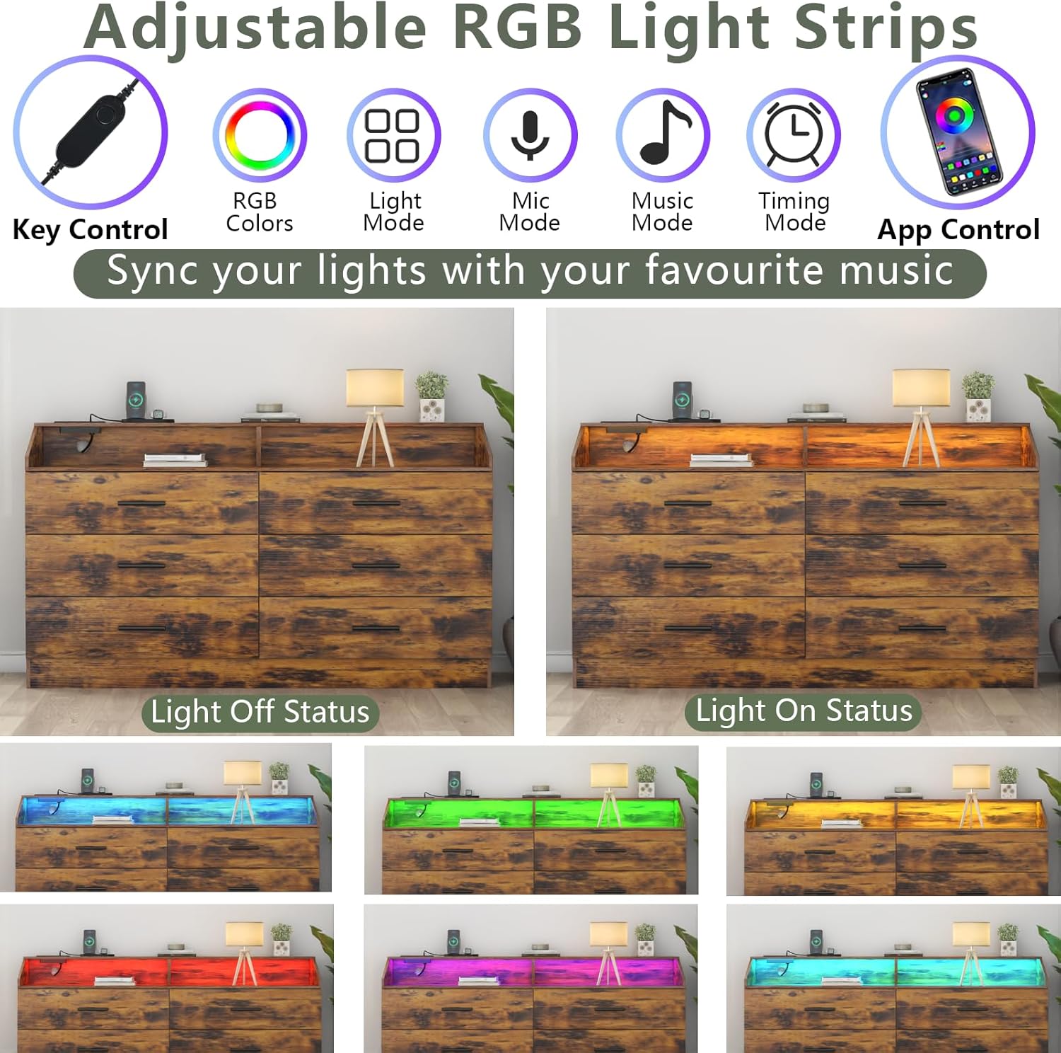 Dresser for Bedroom, 6 Drawer Dresser with Charging Station, Chests of Drawers with LED Lights, Modern Double Dresser, Storage Cabinet with Drawers for Living Room, Hallway (Brown)