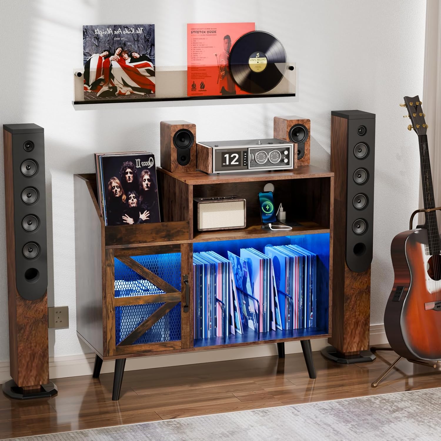 Large Rustic Record Player Stand with Magnetic Door,350 Vinyl Record Storage Cabinet, Record Player Table with Power Outlet and LED Light,Turntable Stand with Wood Legs for Living Room