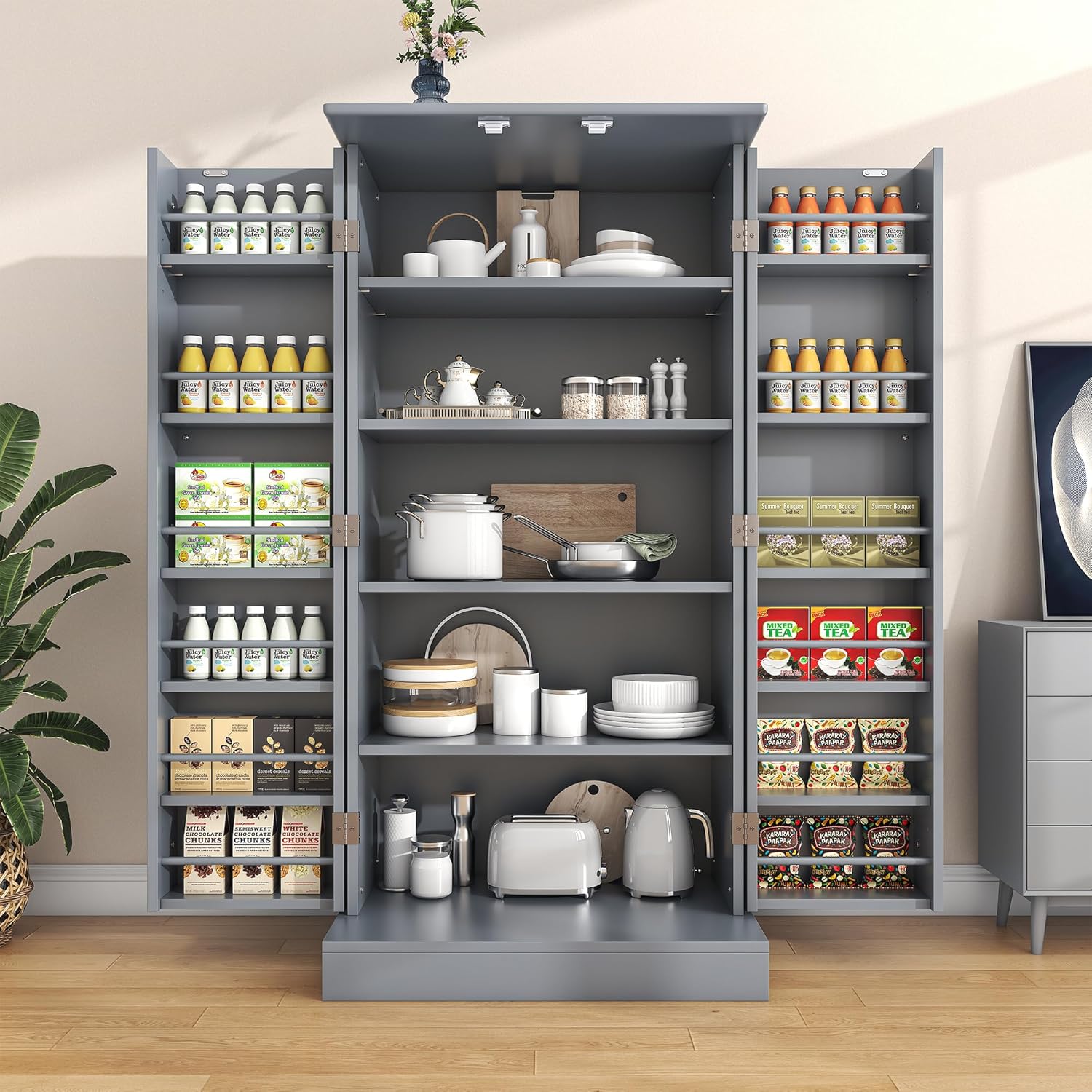 47” Kitchen Pantry Cabinets, Freestanding Kitchen Pantry Storage Cabinet with Doors and Adjustable Shelves, Buffet Cupboards Storage Cabinet for Home Office Use (Grey)