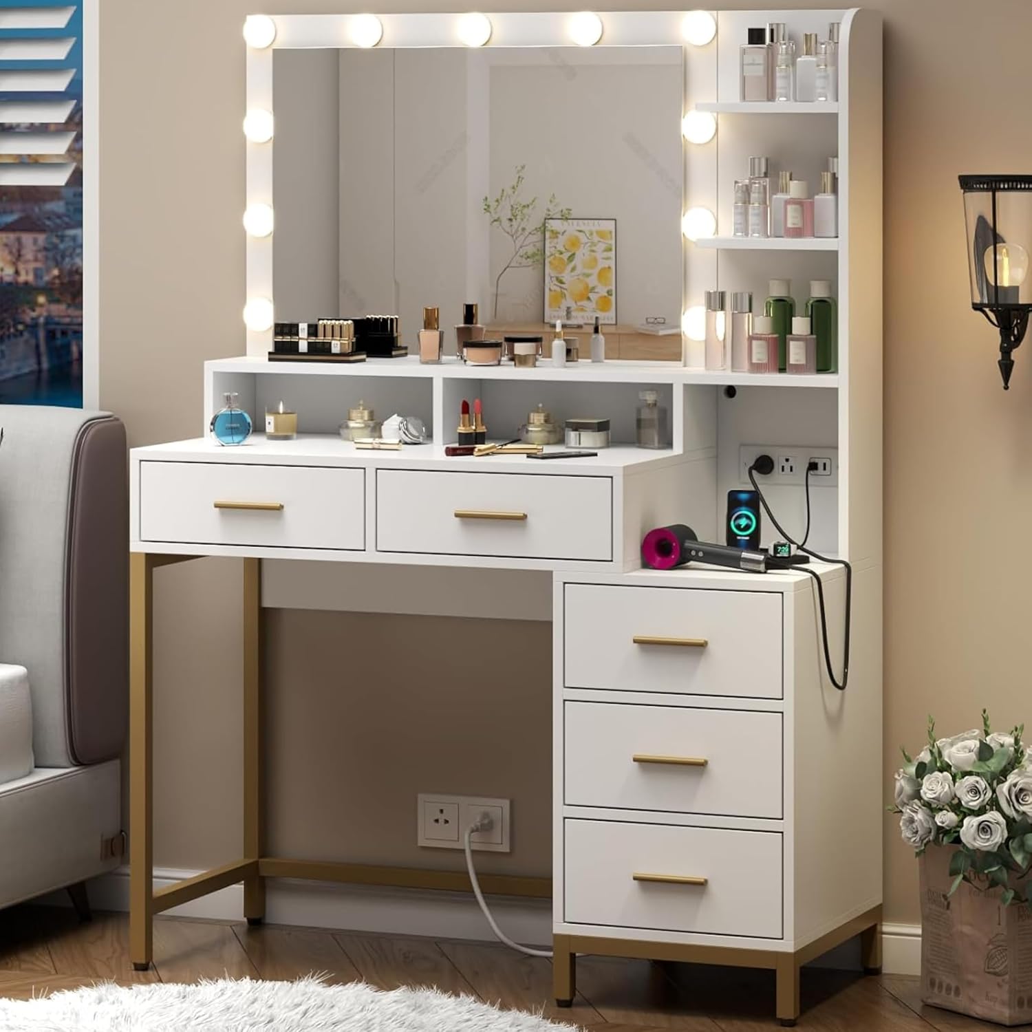 Loomie Vanity Desk with Lighted Mirror & Power Outlet, Makeup Table with 5 Drawers, Two Cubby & Shelf, Vanity Dresser with 11 Lights in 3 Lighting Colors for Bathroom, Bedroom,Makeup Room,White