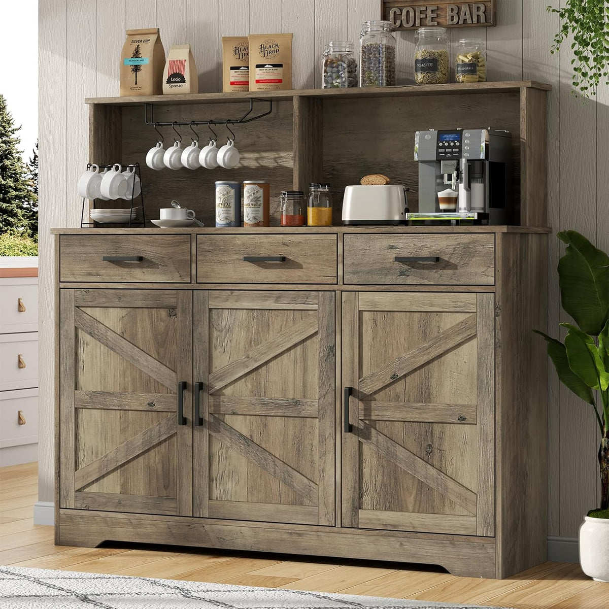 Grey Buffet Sideboard Storage Cabinet - 47" Large Double-Layer Kitchen Pantry Cabinet with 3 Drawers & 3 Doors, Modern Liquor Coffee Bar Buffet Table with Hutch for Dining Living Room