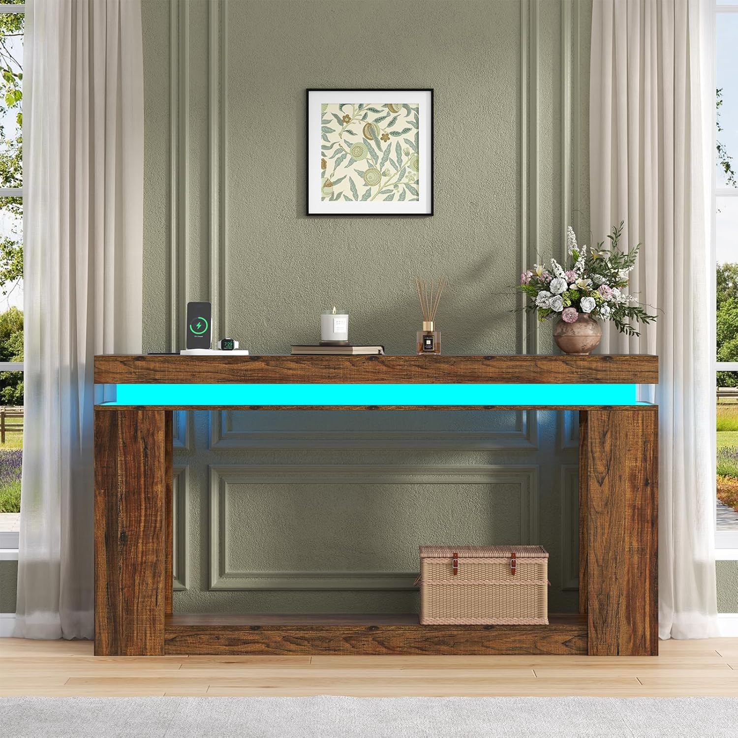 Loomie 63" Long Console Table with LED Lights & Power Outlet, 2-Tier Farmhouse Sofa Table Behind Couch with Storage, Narrow Entryway Tables with Heavy Duty Base for Living Room, Hallway (Brown)