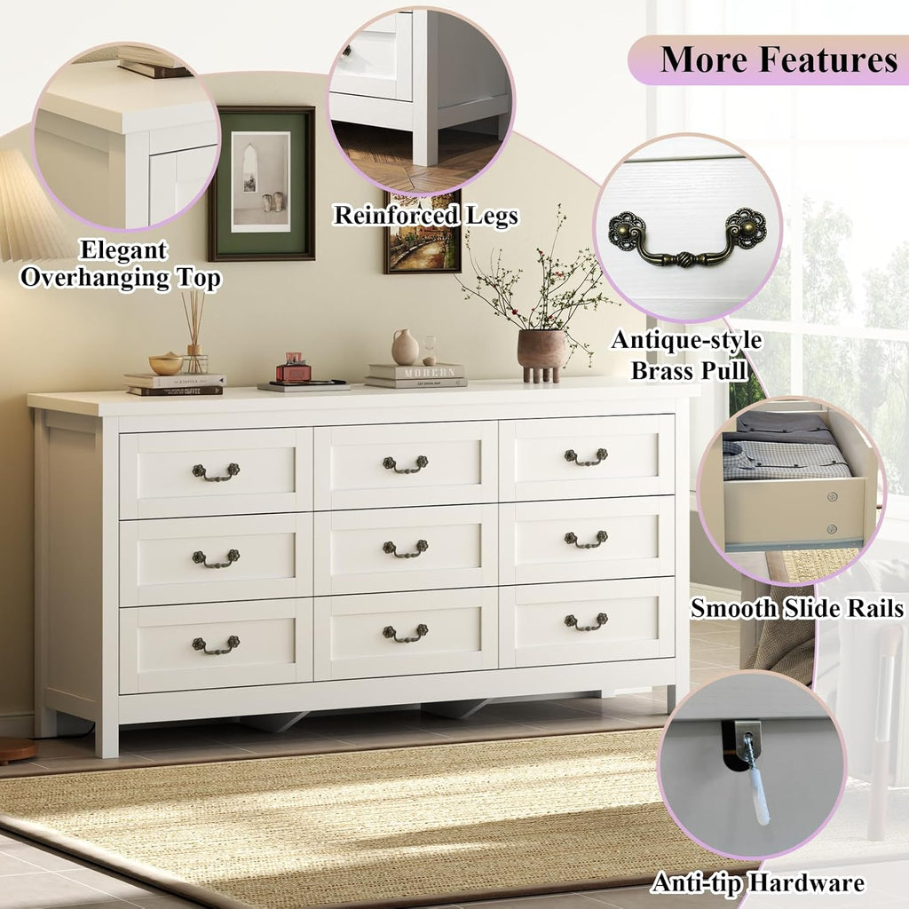 Loomie Upgraded 9-Drawer Dresser for Bedroom, 63" Wide Dresser TV Stand for TVs up to 75", Farmhouse Long Storage Wooden Dressers Organizer, Large Chest of Drawers with Vintage Pull for Closet, White