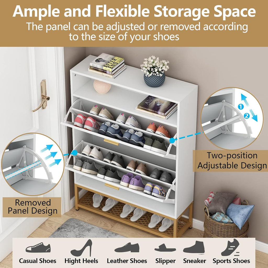 Loomie Shoe Cabinet, Free Standing Tipping Bucket Shoe Rack Organizer with 2 Flip Drawers,Entryway Narrow Shoe Storage with Storage Shelf & Top Cubby,Modern Slim Hidden Shoe Cabinet with Doors, White
