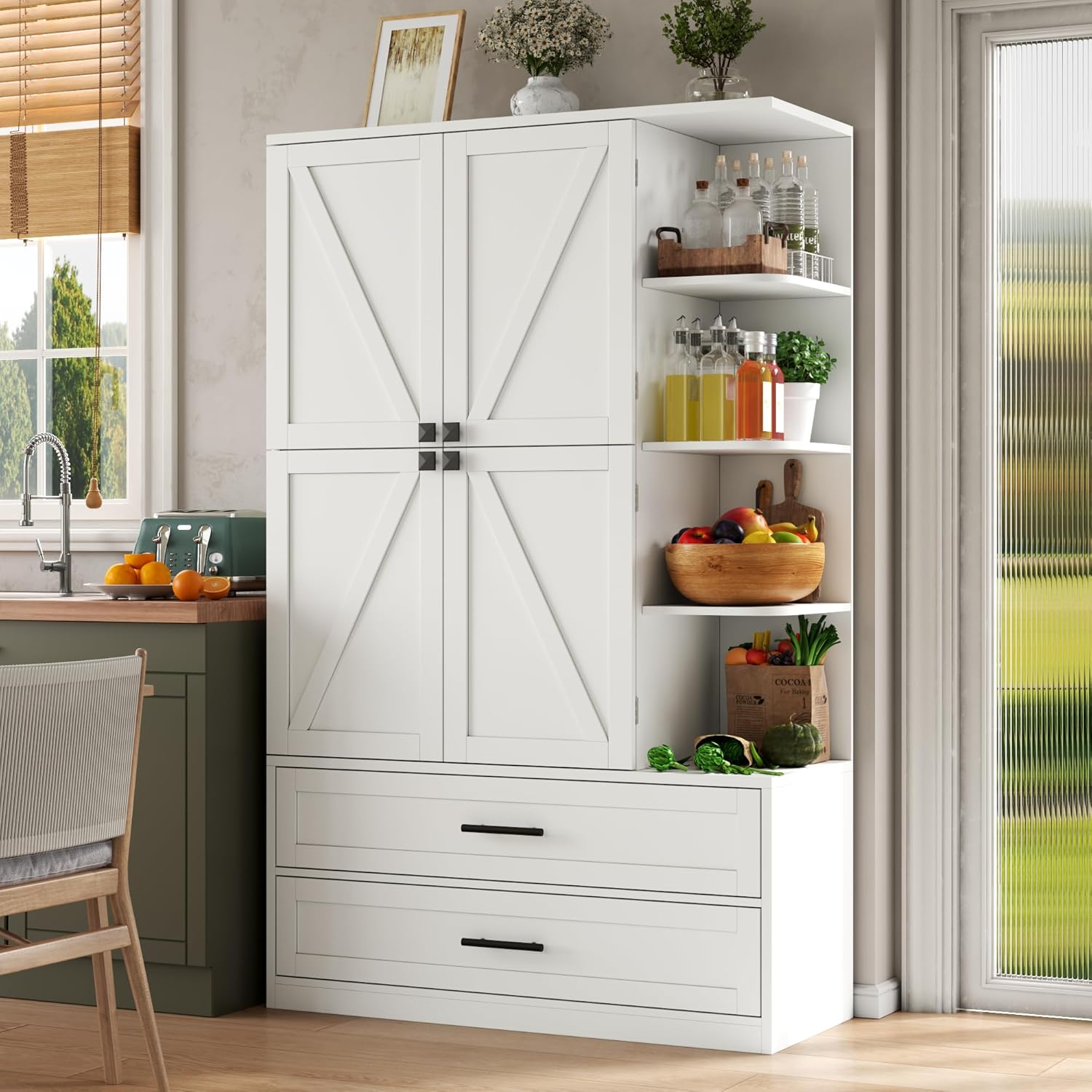 Loomie 66.9" Farmhouse Kitchen Pantry Cabinet, 5 Drawers Storage Cabinet with 4 Side Shelves & 6 Door Shelves, Freestanding Hutch with Doors, Buffet Sideboard, Cupboard for Dining Room, White (White)