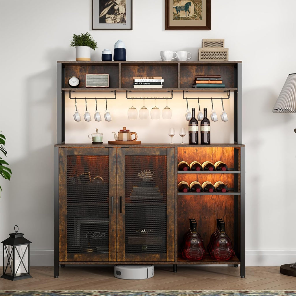 Loomie Wine Bar Cabinet with LED Light, Industrial Coffee Bar with Wine Rack & Glass Holder & 3 Compartments, Kitchen Buffet Sideboard with Storage, Liquor Cabinet, Rustic Brown