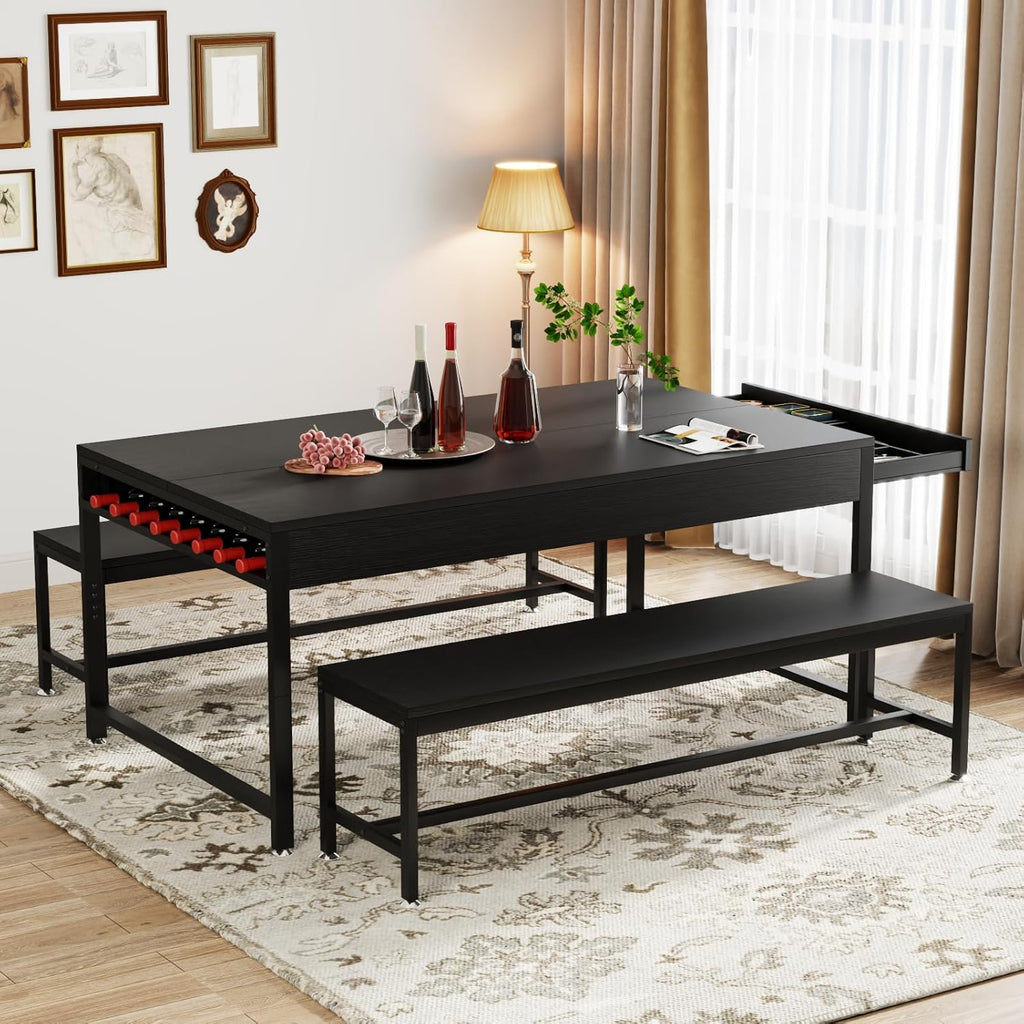 Loomie 63" Dining Table Set for 4-6, 3-Piece Kitchen Table with 2 Utensil Drawers, 2 Benches & Wine Rack, Modern Space Saving & Heavy Duty Dinner Table Set with Metal Frame & MDF Board,Black