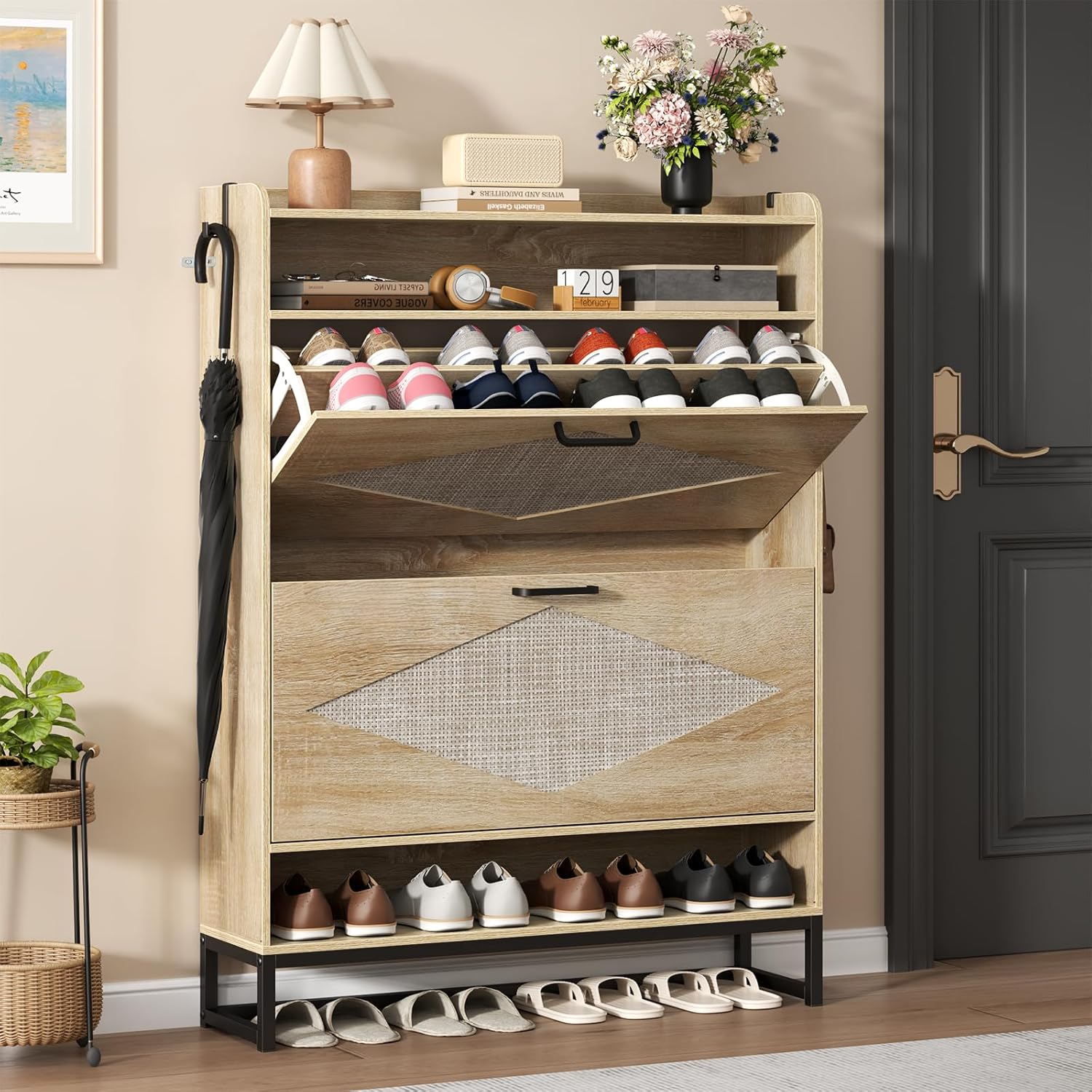 Loomie Rattan Shoe Cabinet, Shoe Storage Cabinet with 2 Flip Drawers, Hidden Shoe Storage with Top & Bottom Cubbies, 47.8" Tall Shoe Organizer Cabinet for Entryway, Hallway, Living Room (Natural)