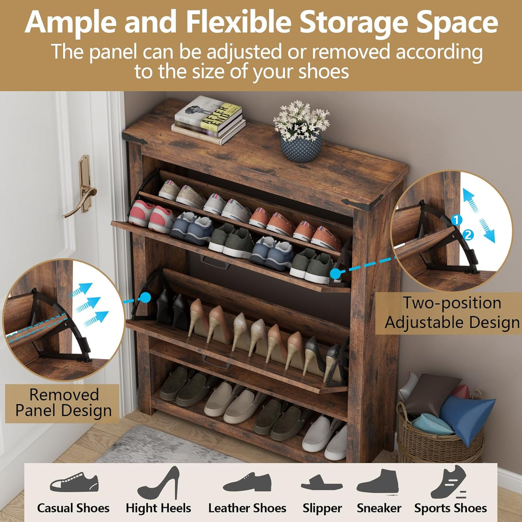 Loomie Farmhouse Shoe Storage Cabinet,Free Standing Shoe Organizer with 2 Flip Drawers, Narrow Modern Slim Hidden Shoe Cabinet with Doors & Cubby for Entryway, Vintage Brown