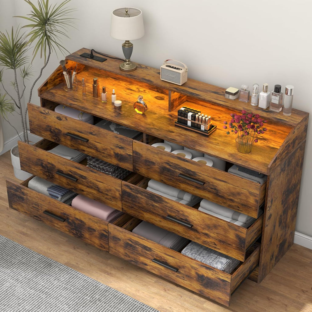 Dresser for Bedroom, 6 Drawer Dresser with Charging Station, Chests of Drawers with LED Lights, Modern Double Dresser, Storage Cabinet with Drawers for Living Room, Hallway (Brown)