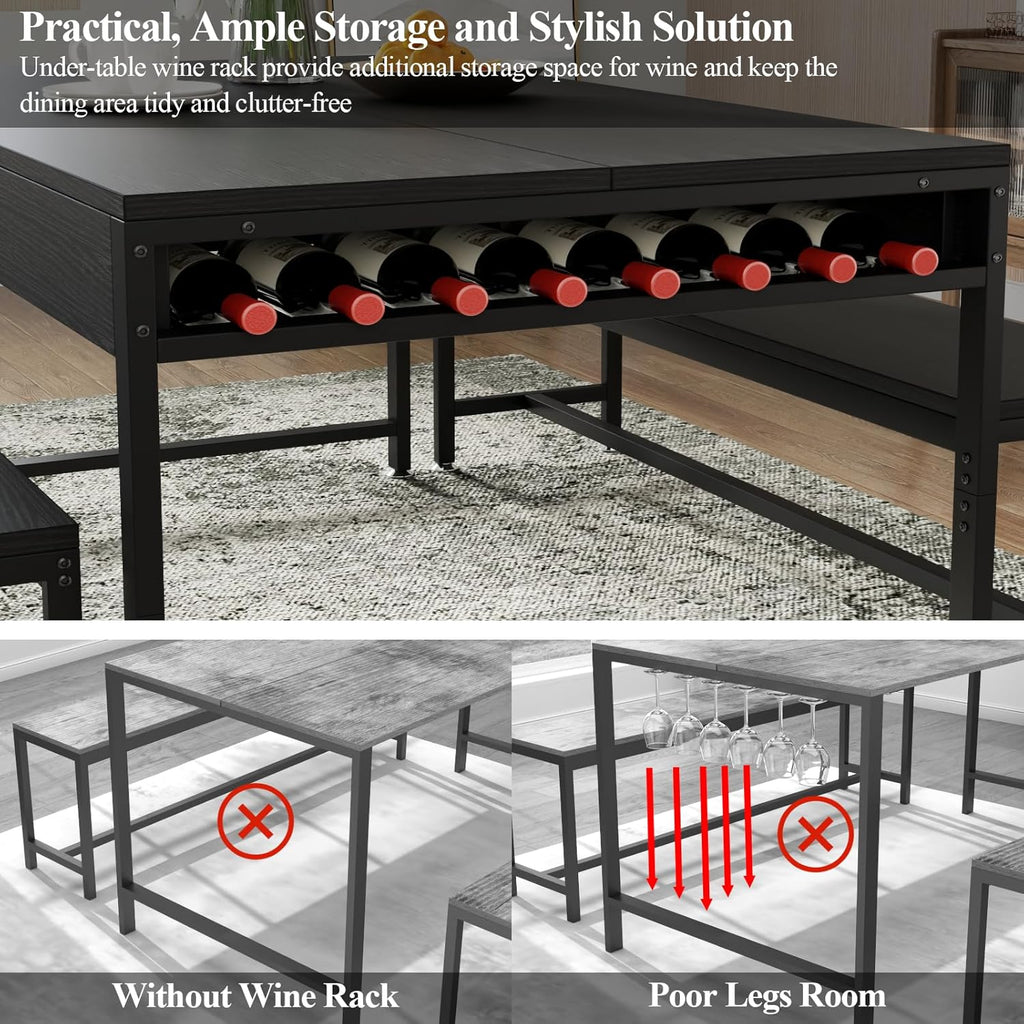 Loomie 63" Dining Table Set for 4-6, 3-Piece Kitchen Table with 2 Utensil Drawers, 2 Benches & Wine Rack, Modern Space Saving & Heavy Duty Dinner Table Set with Metal Frame & MDF Board,Black