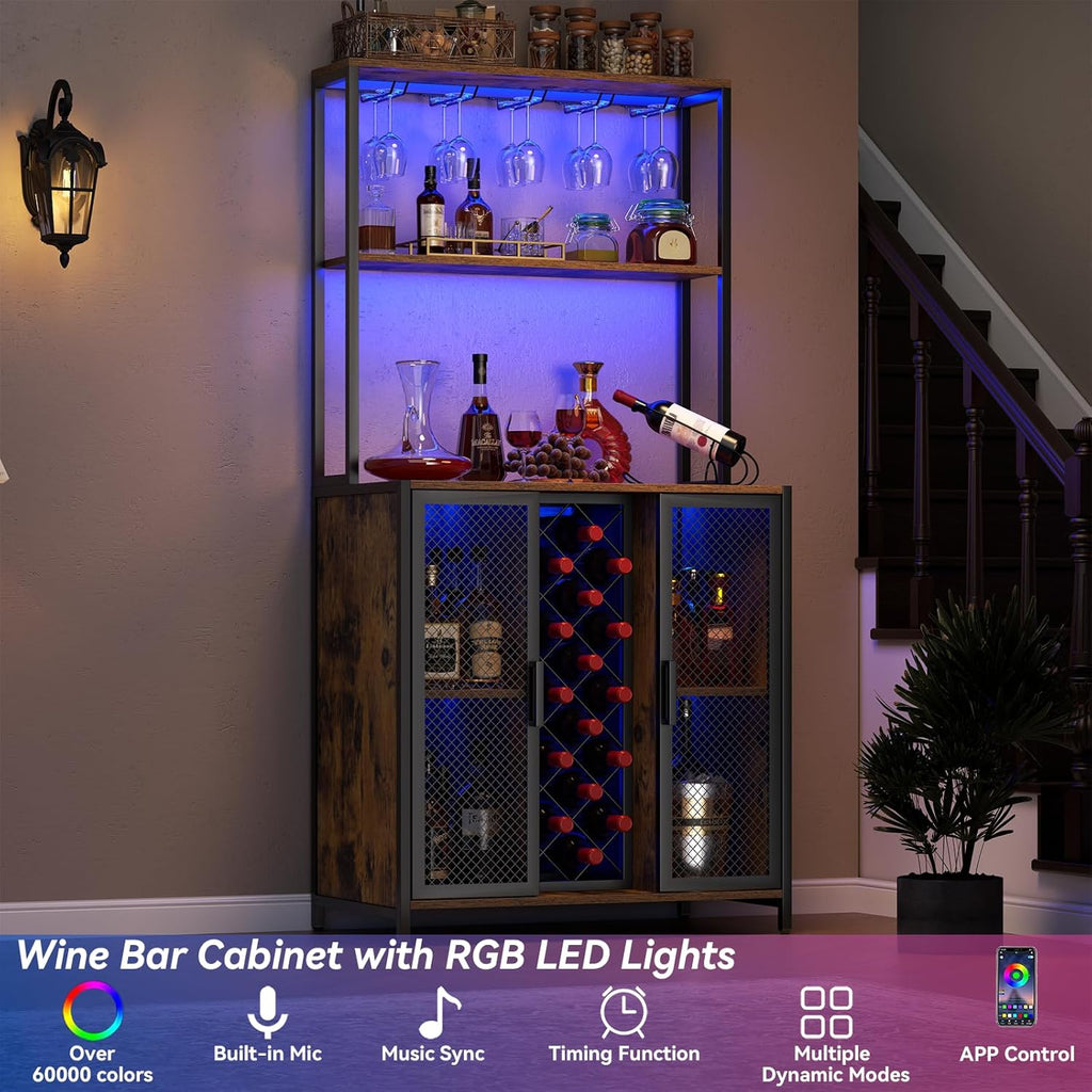 Loomie Wine Bar Cabinet with LED Lights, 5-Tier Industrial Coffee Bar, Buffet Sideboard with Adjustable Shelves, Kitchen Bar Table with Wine Rack Storage and Glass Slots for Liquor and Glasses,Rustic