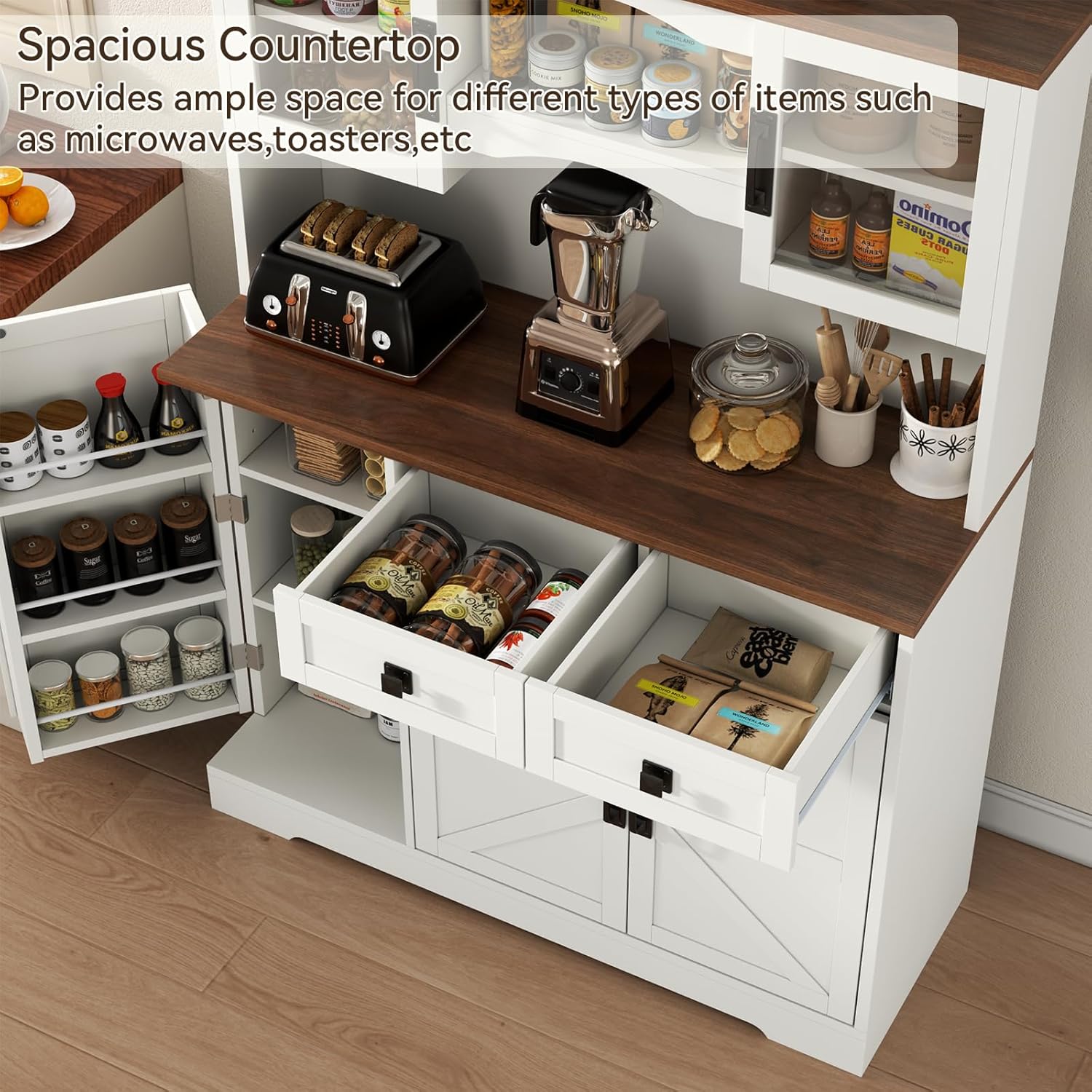 Loomie 59" Farmhouse Buffet Cabinets with Storage,Buffet Sideboard Cabinet with Drawers and Glass Door,Freestanding Coffee Bar with Adjustable Shelves for Dining Room,Kitchen,(White)