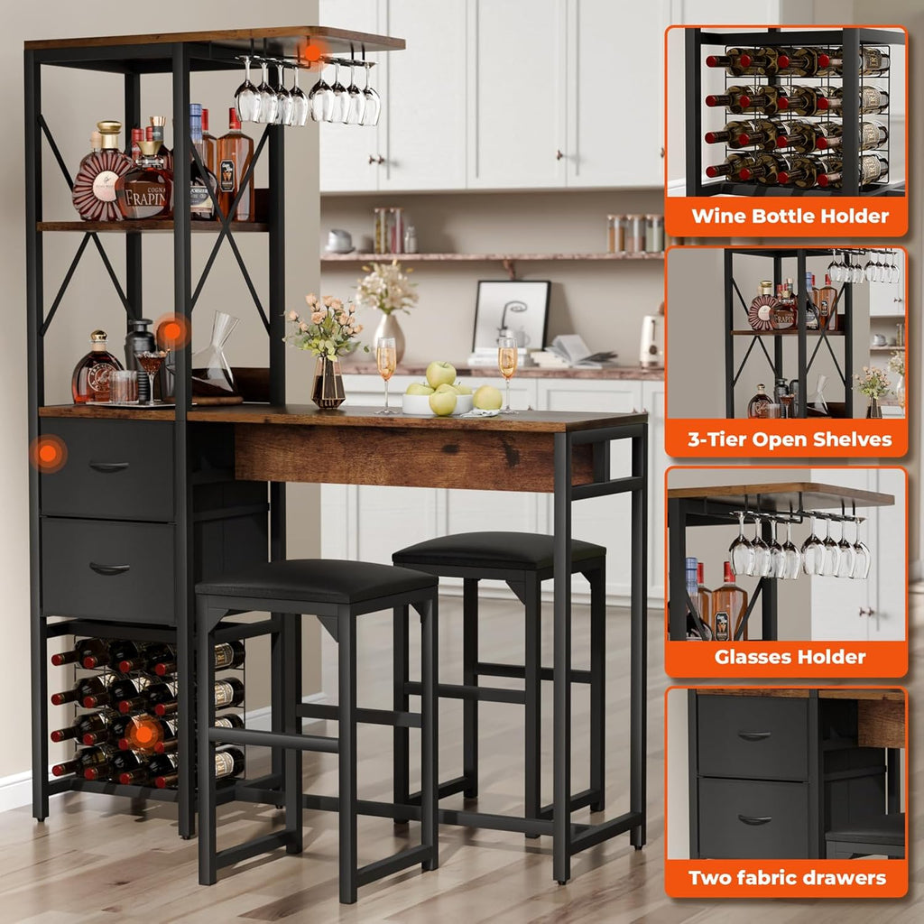 6-Tier Bar Table and Chairs Set, Metal Coffee Bar with Storage Shelves and 2 Fabric Drawers, Dining Table Cup Holder & Wine Rack, Kitchen Table Set with PU Leather Cushion Stools for Small Space