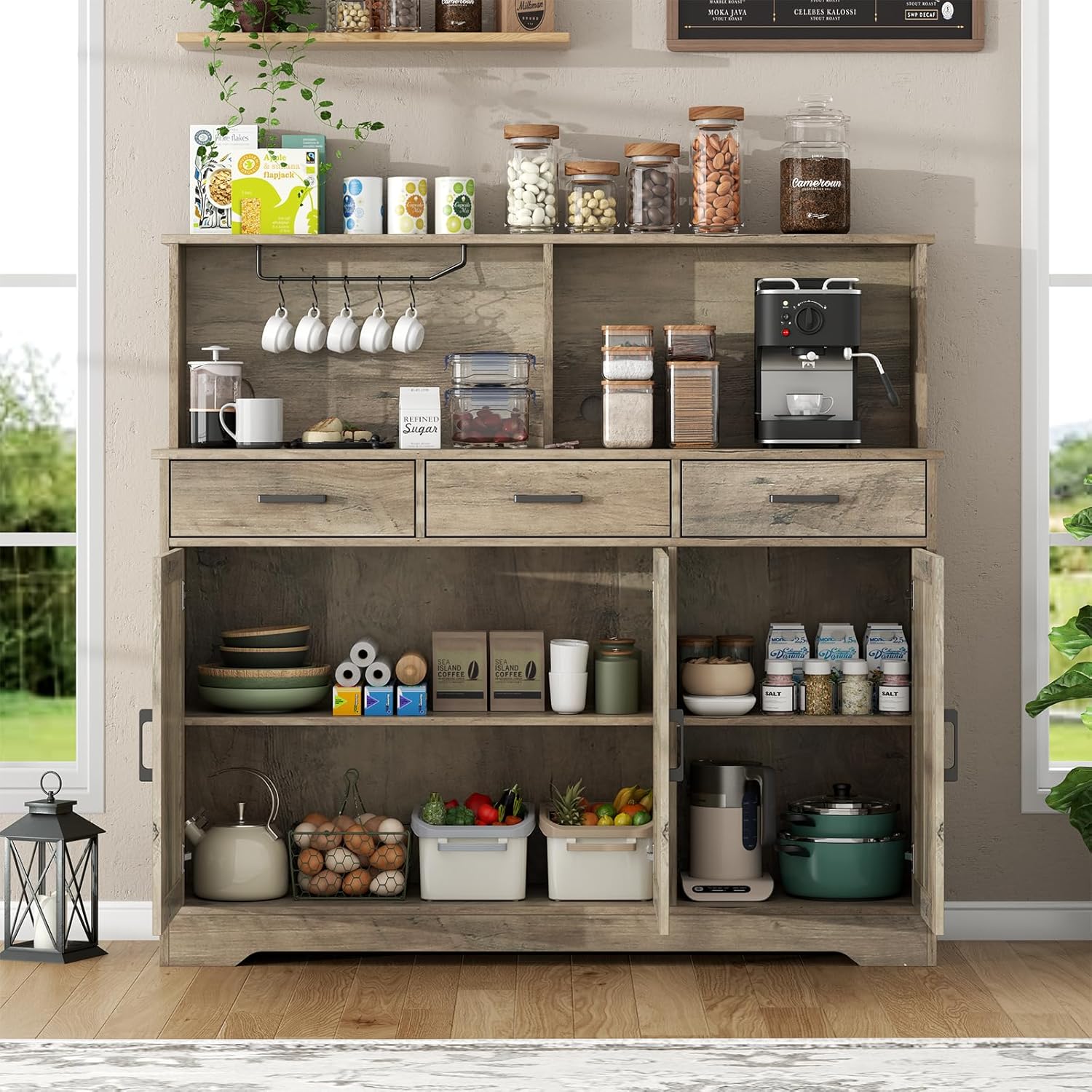 Grey Buffet Sideboard Storage Cabinet - 47" Large Double-Layer Kitchen Pantry Cabinet with 3 Drawers & 3 Doors, Modern Liquor Coffee Bar Buffet Table with Hutch for Dining Living Room