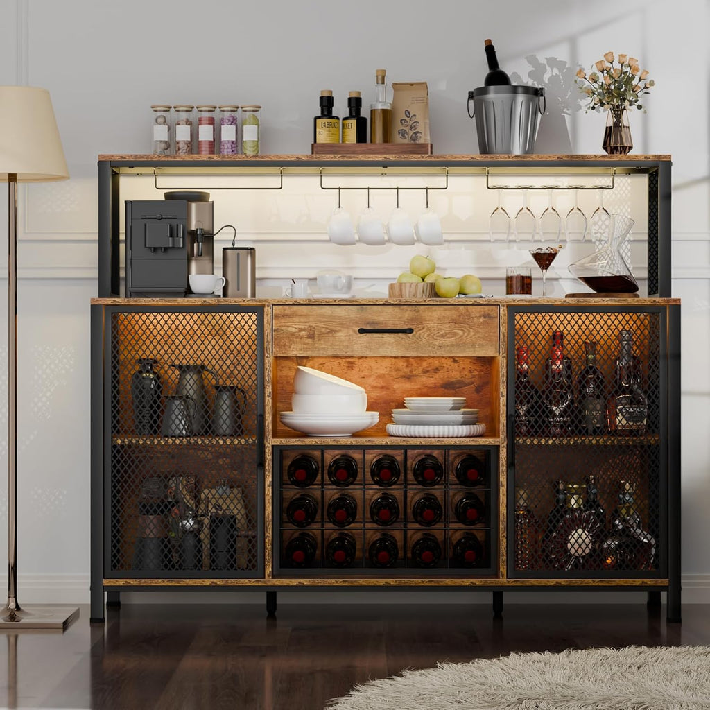 Large Bar Cabinet with Drawer Storage, Rustic Long Wine Cabinet with LED Lights, Farmhouse Wood Metal Liquor Cabinet with Wine Rack and Glass Goblet Holder, Sideboard Buffet for Kitchen,Dining Room