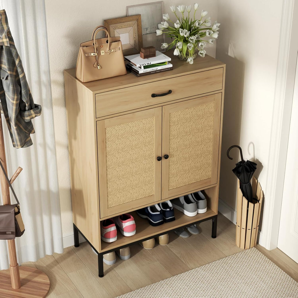 Loomie Rattan 5-Tier Shoe Storage Cabinet with Doors, Drawer & Cubby, 44.3" Boho Shoe Organizer for Entryway Hallway Closet (Natural)