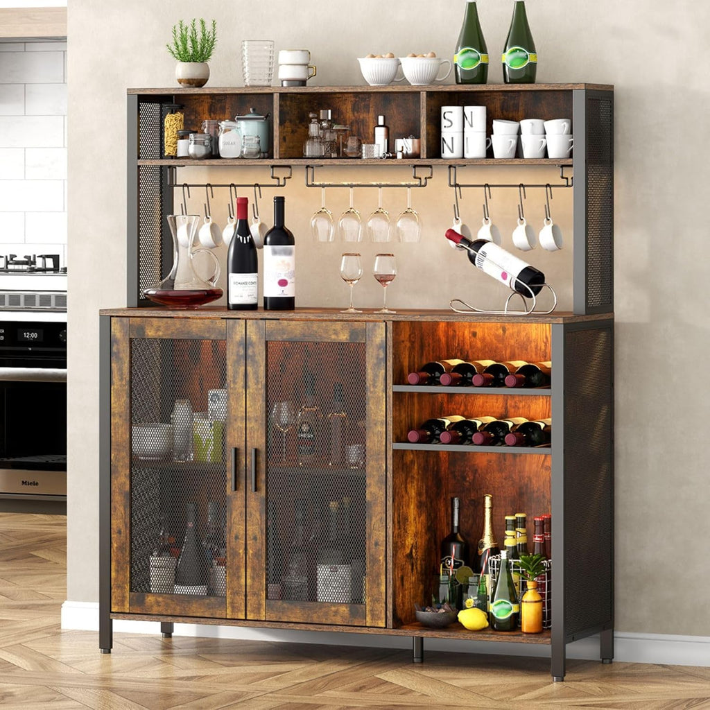Loomie Wine Bar Cabinet with LED Light, Industrial Coffee Bar with Wine Rack & Glass Holder & 3 Compartments, Kitchen Buffet Sideboard with Storage, Liquor Cabinet, Rustic Brown