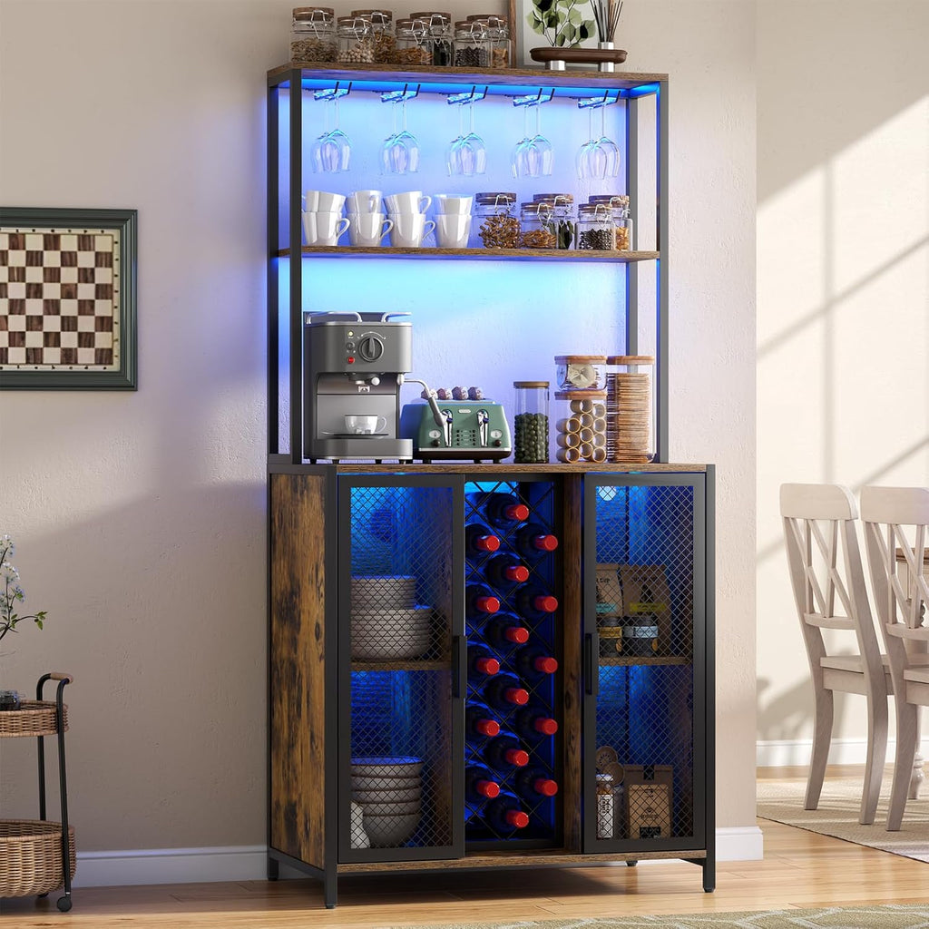 Loomie Wine Bar Cabinet with LED Lights, 5-Tier Industrial Coffee Bar, Buffet Sideboard with Adjustable Shelves, Kitchen Bar Table with Wine Rack Storage and Glass Slots for Liquor and Glasses,Rustic