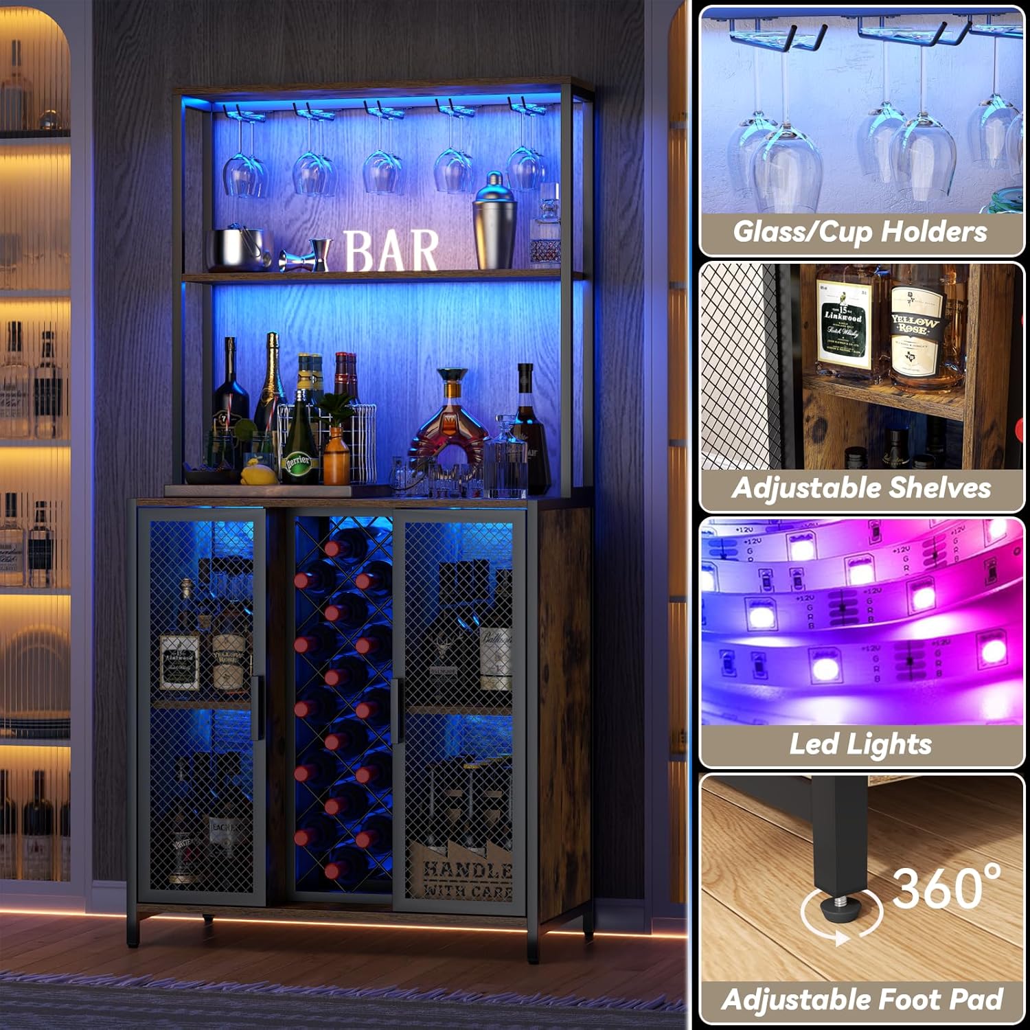 Loomie Wine Bar Cabinet with LED Lights, 5-Tier Industrial Coffee Bar, Buffet Sideboard with Adjustable Shelves, Kitchen Bar Table with Wine Rack Storage and Glass Slots for Liquor and Glasses,Rustic